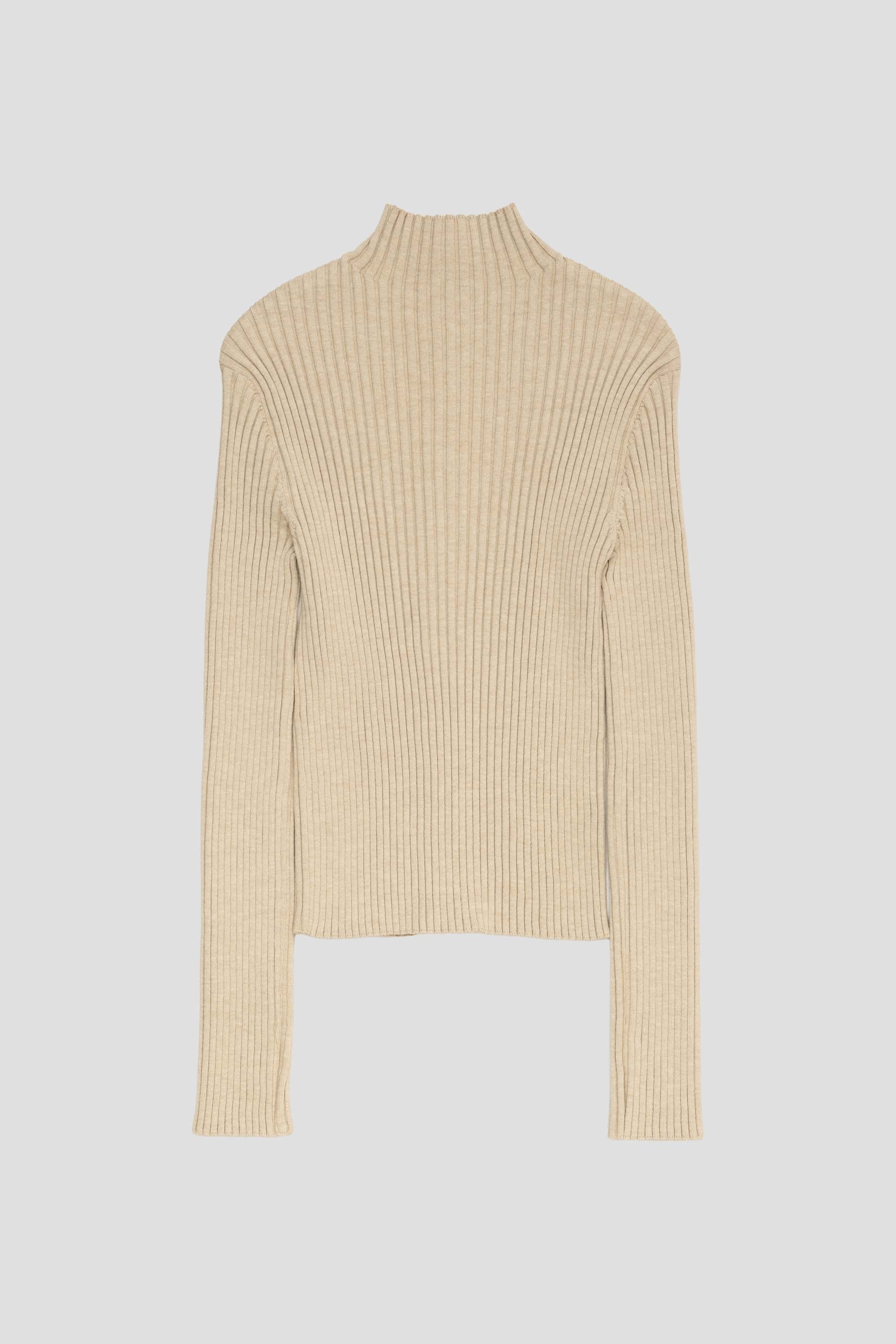 Ribbed High Neck Zip Up Beige