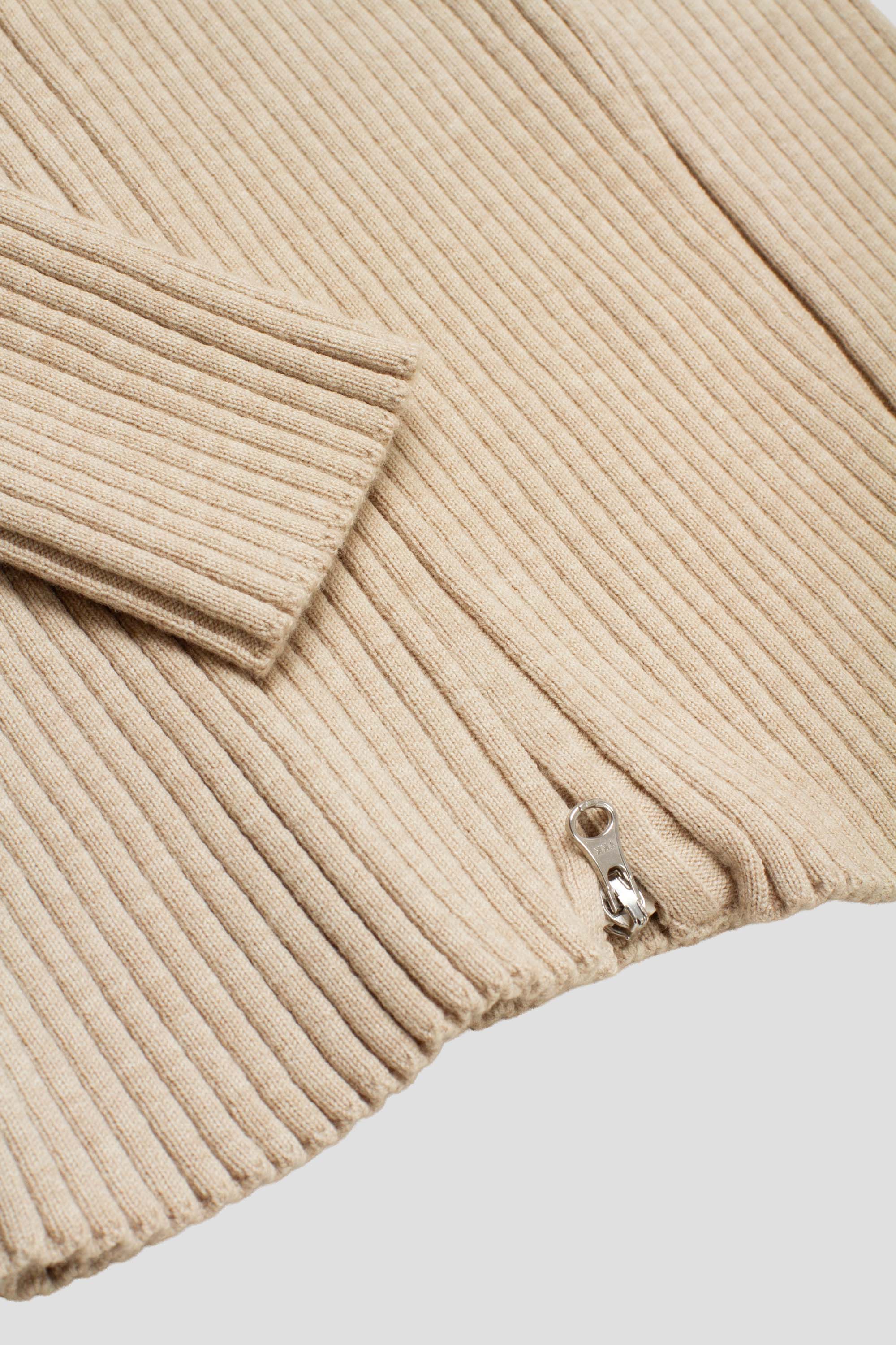 Ribbed High Neck Zip Up Beige