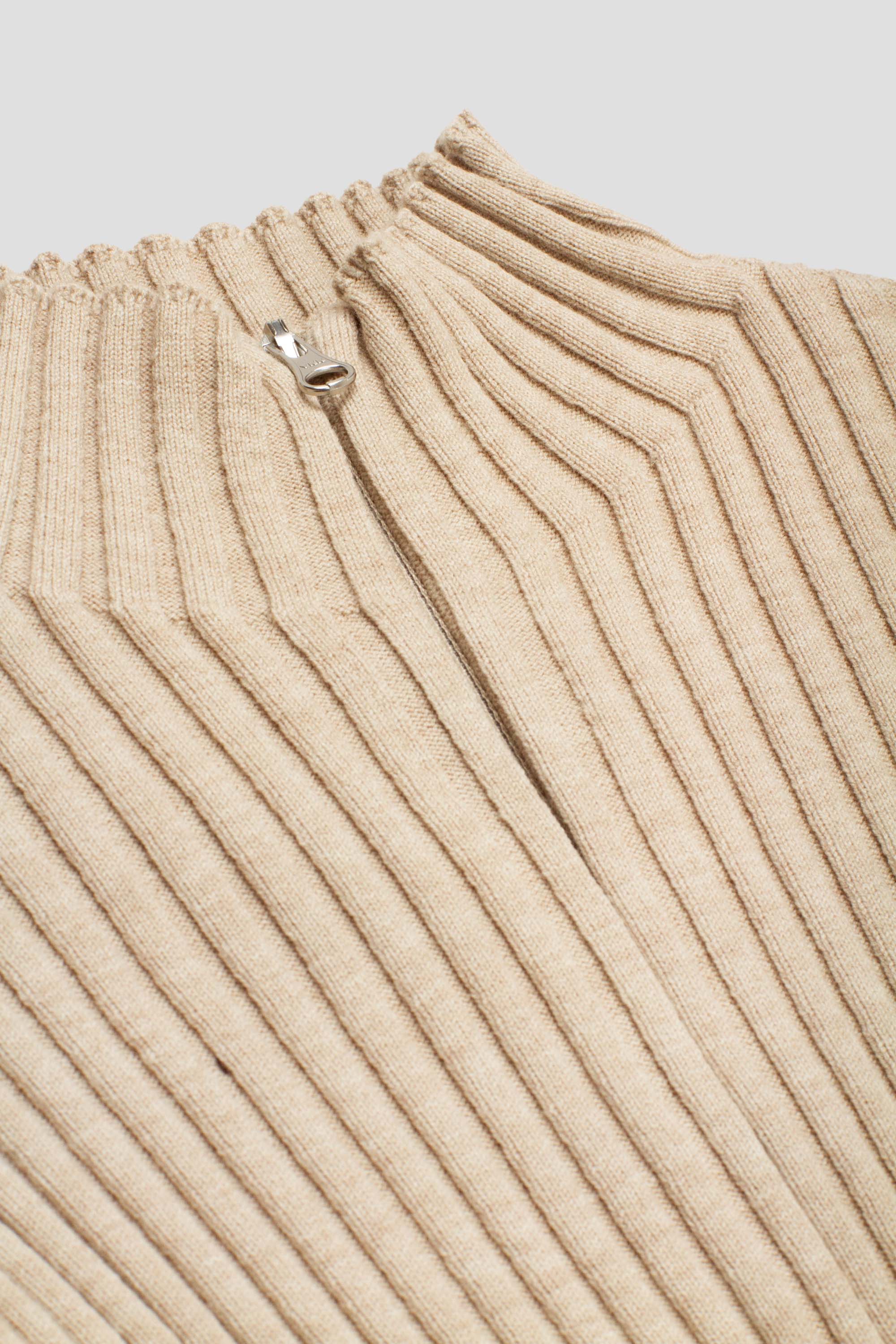 Ribbed High Neck Zip Up Beige