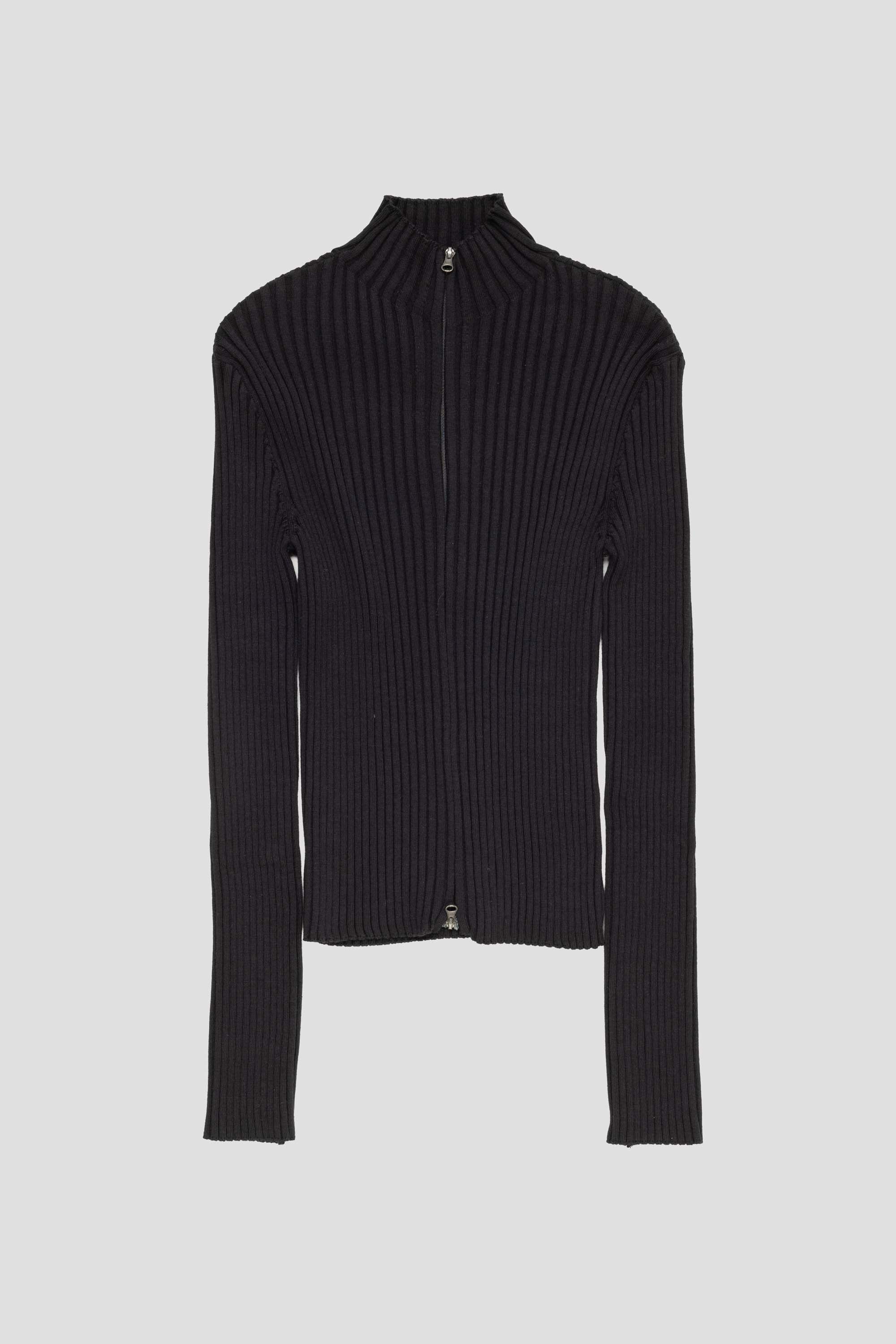 Ribbed High Neck Zip Up Black