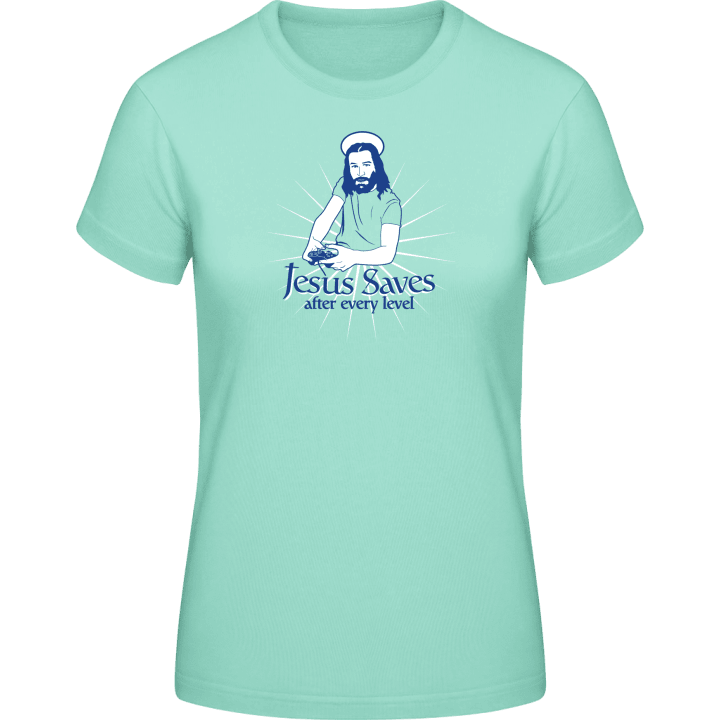 Jesus Saves After Every Level T-shirt för kvinnor contain pic