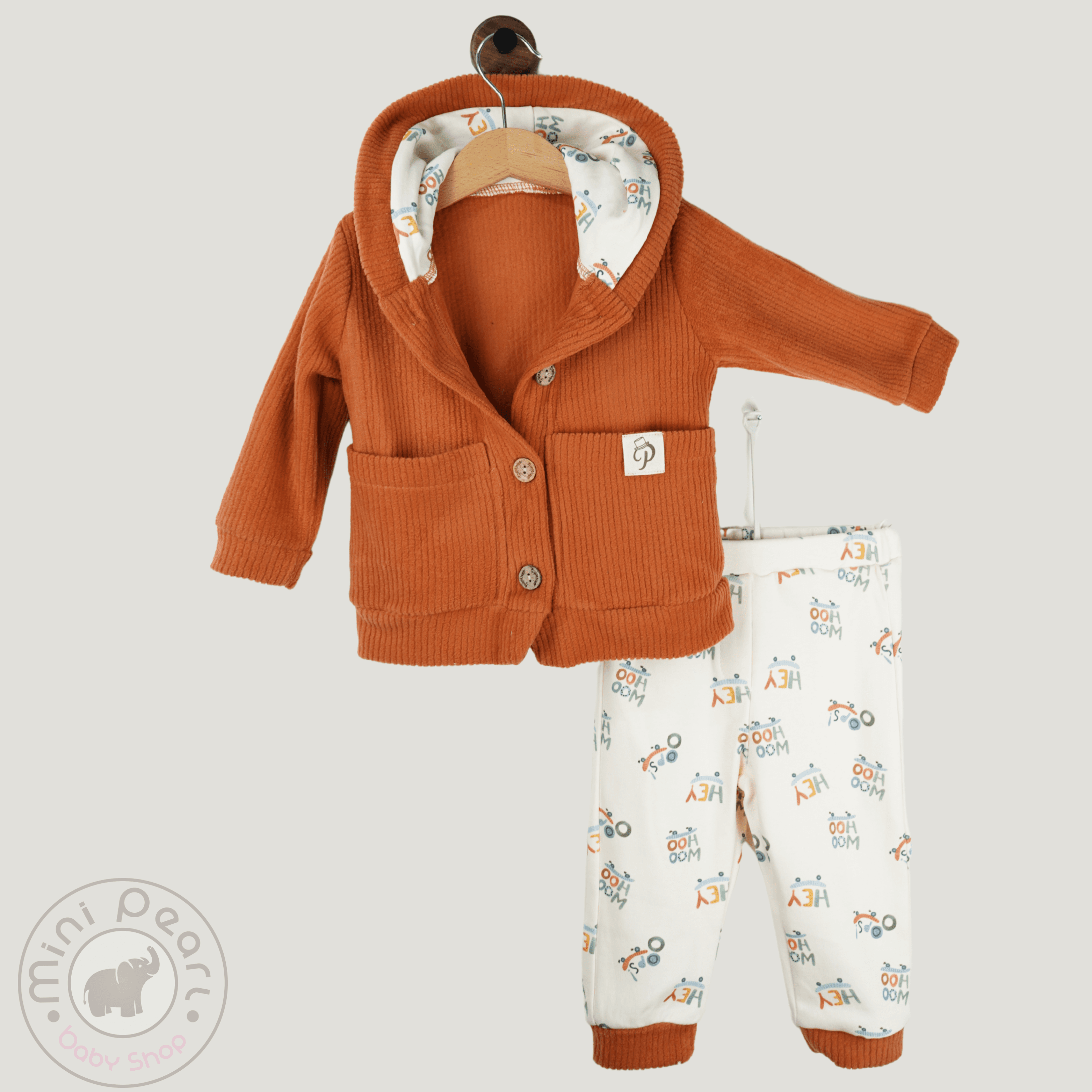 Baby 2er Set – Kapuzen-Cardigan & Print-Hose mit Taschen