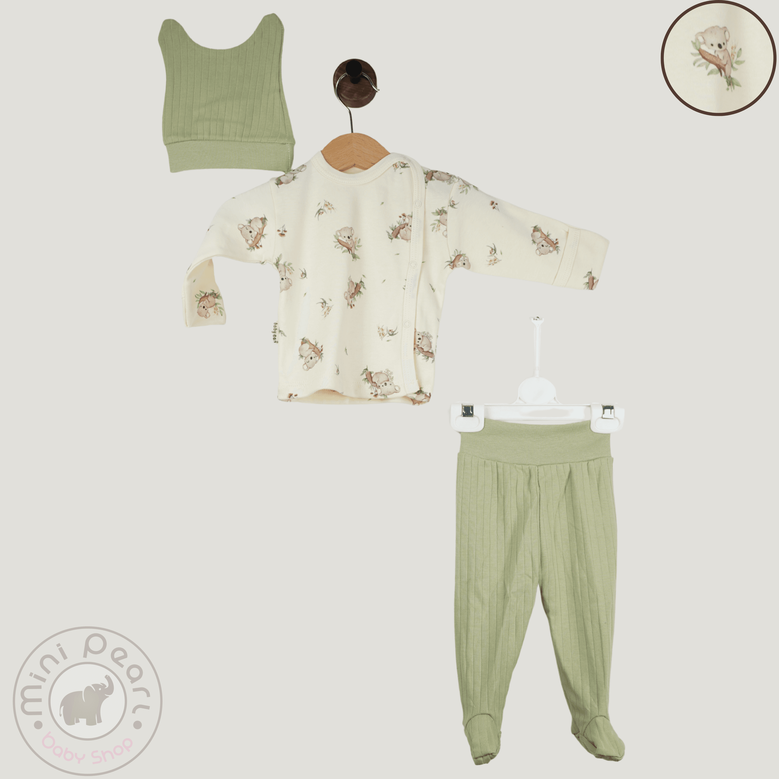 Baby 3er Set – Creme-Beige mit Blumenprint & Mütze