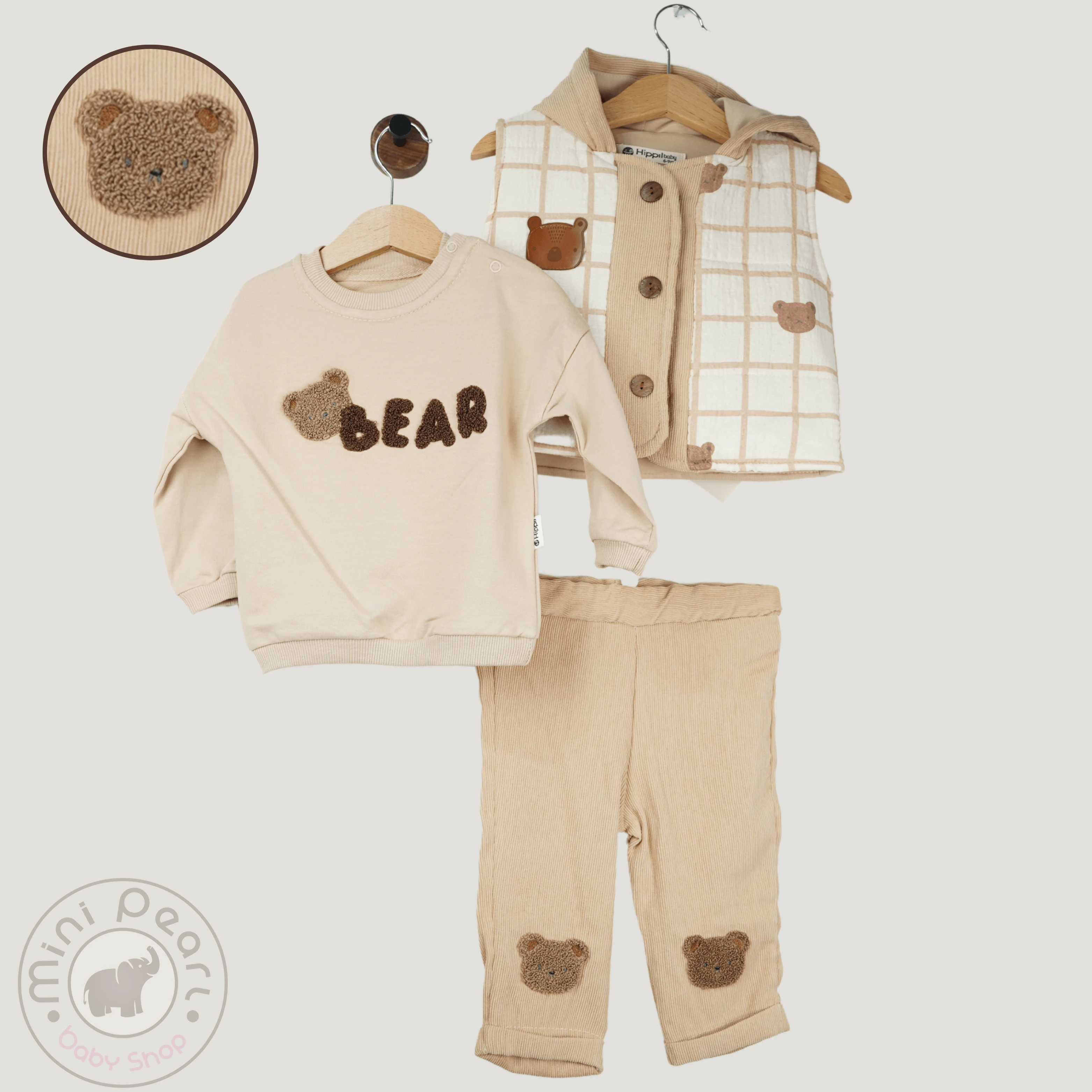 3-teiliges Babyset mit Bärenapplikation
