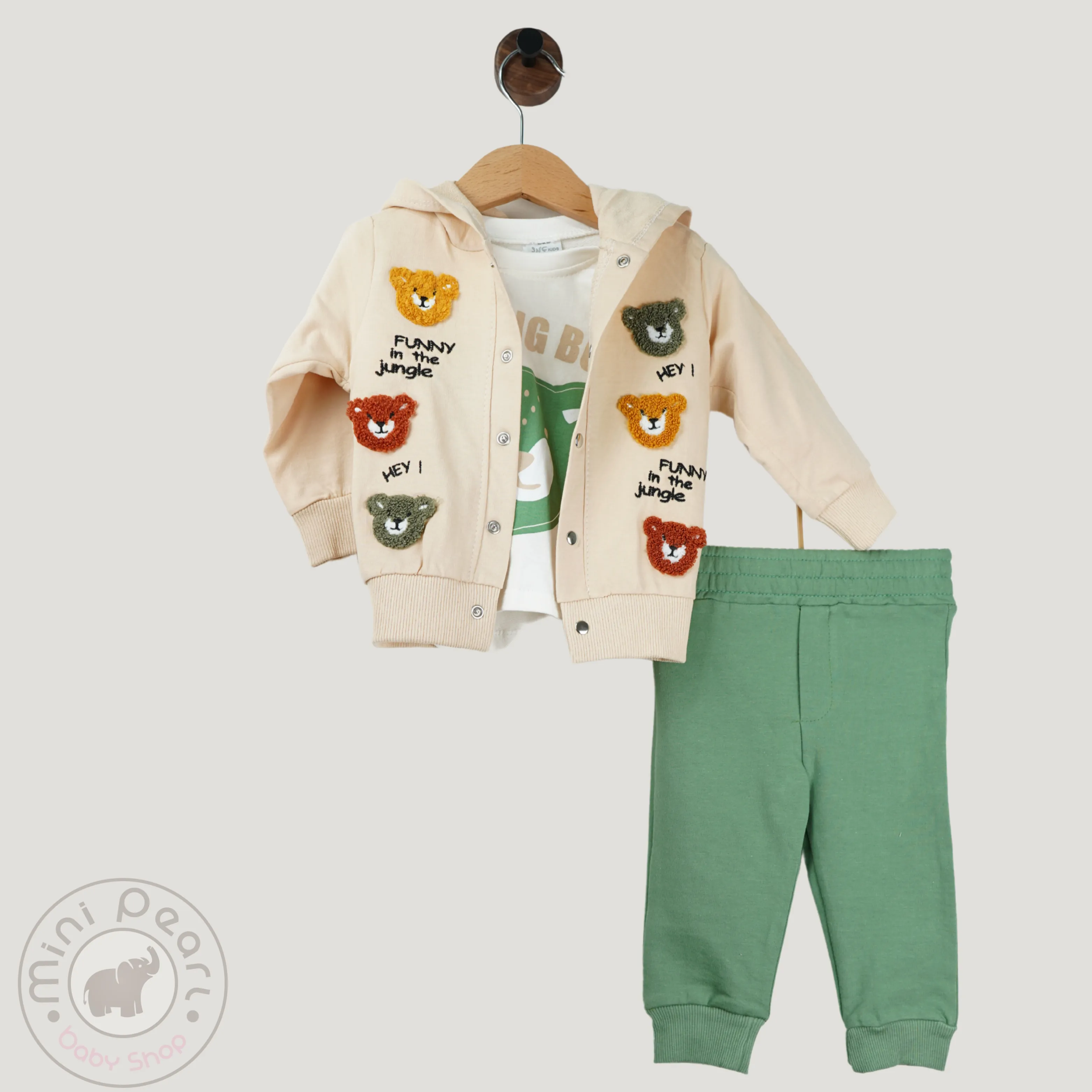 3-teiliges Babyset mit Kapuzenjacke und bunten Löwen-Applikationen