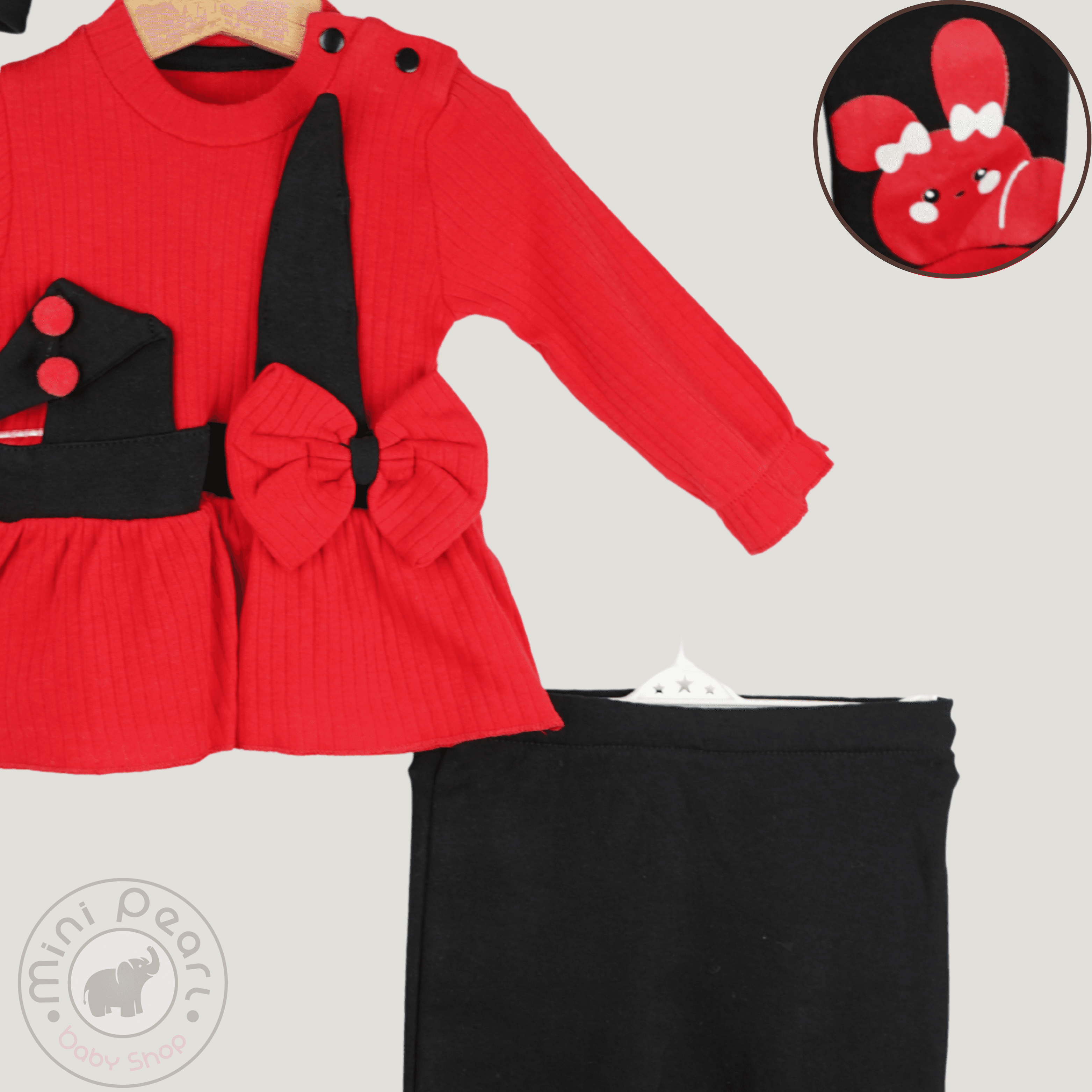 Baby Set – Rotes Langarmshirt mit Schleife & Schwarze Hose mit Häschen-Motiv