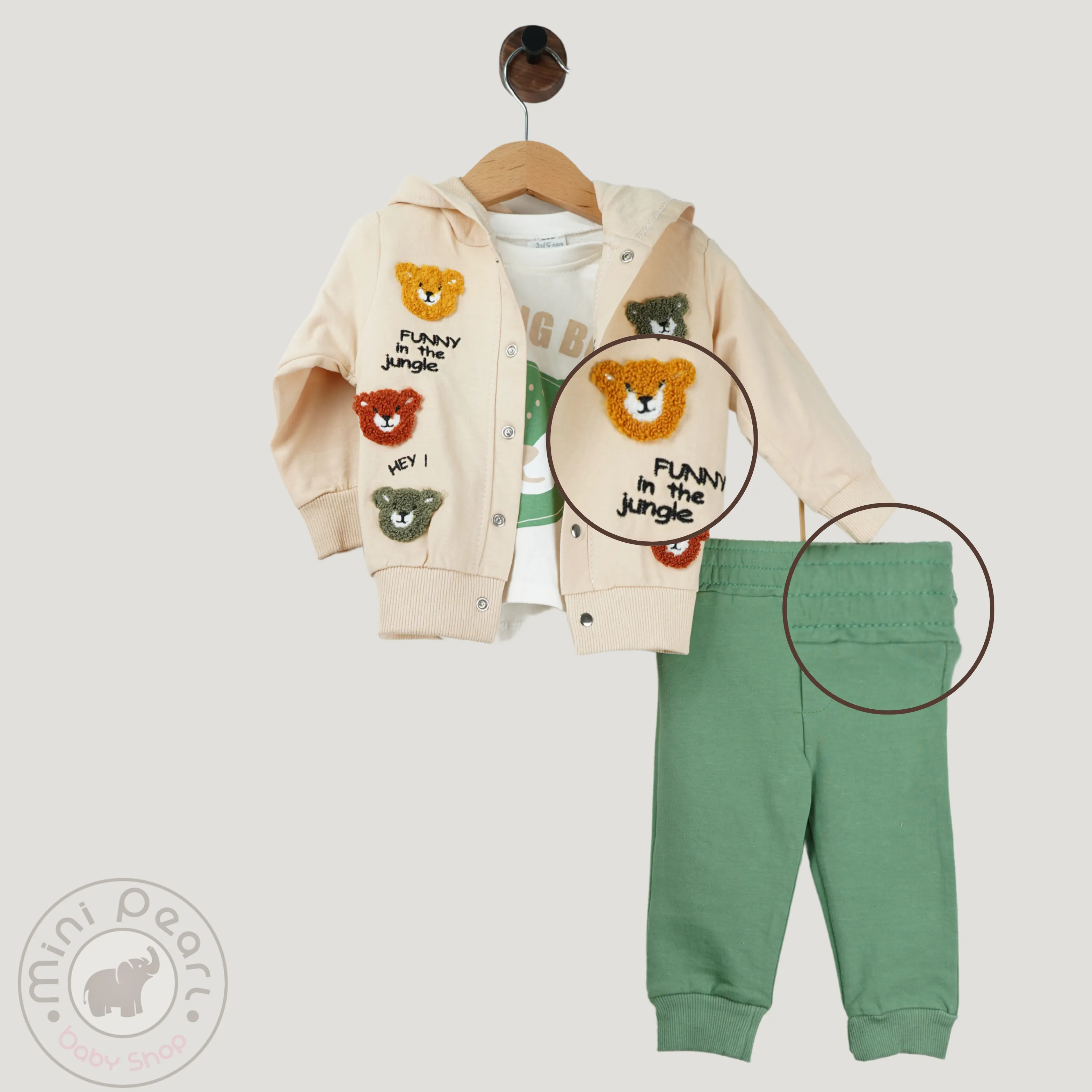 3-teiliges Babyset mit Kapuzenjacke und bunten Löwen-Applikationen