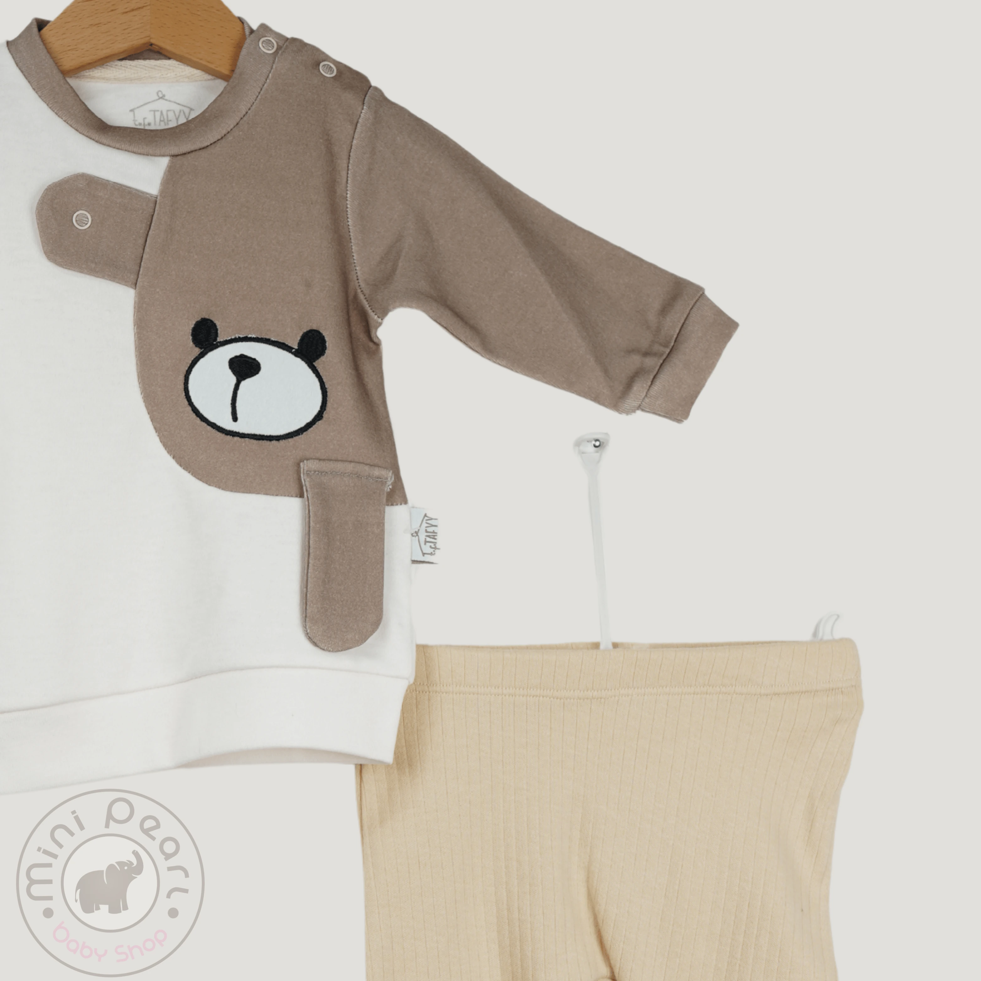 Baby Set – Langarmshirt mit Bärenmotiv & Hose – Zweiteilig – Beige-Braun