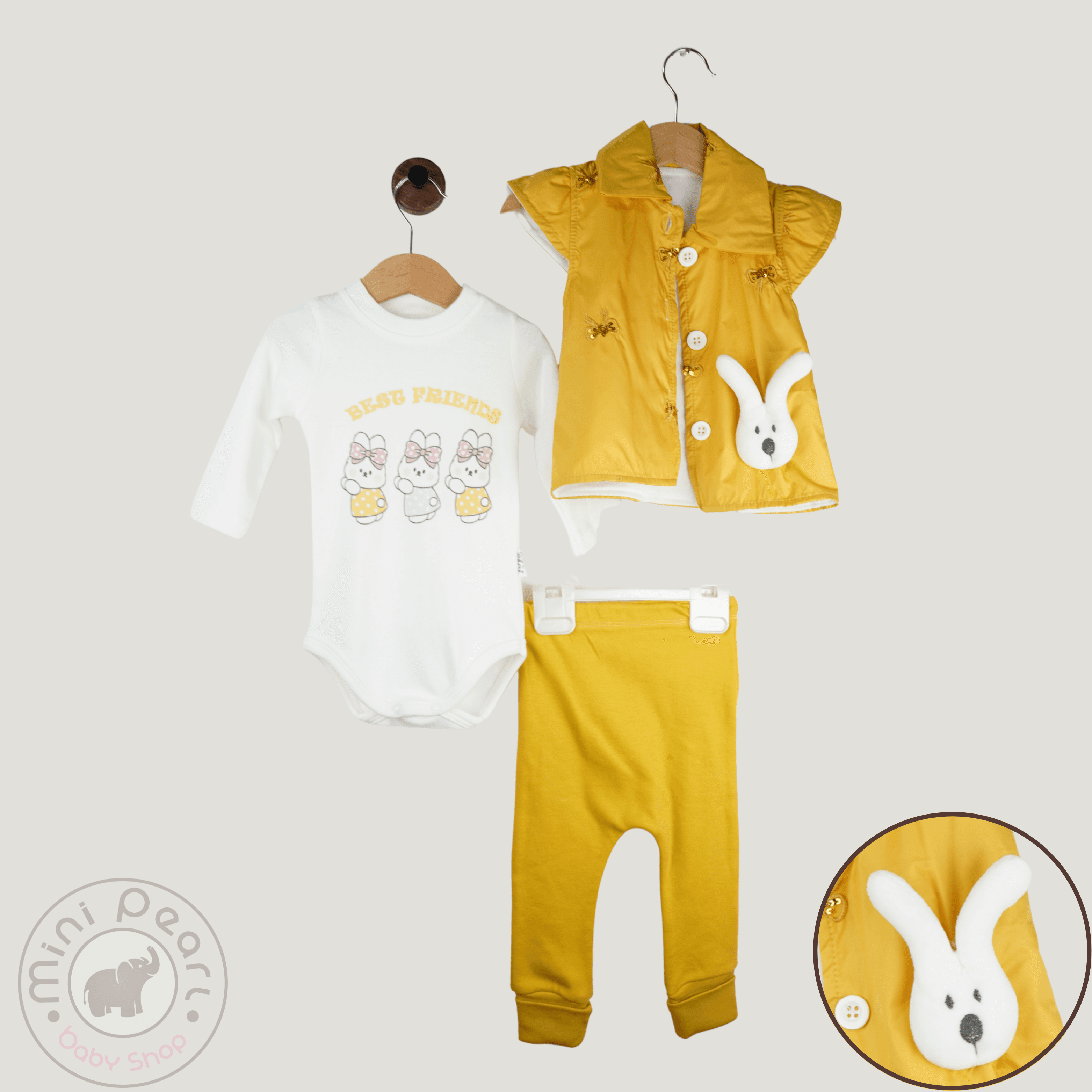Baby Set – Weste mit Häschen-Applikation, Langarmbody & Hose – 3-teilig