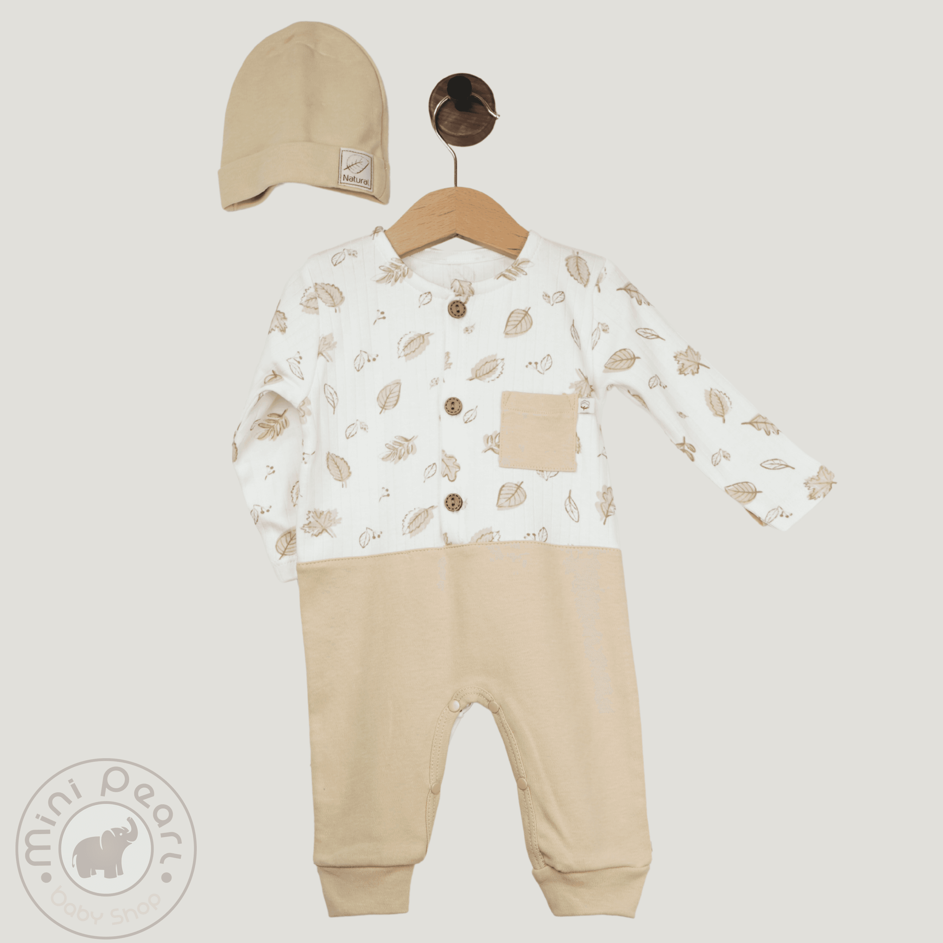 Babyoverall mit Blattmuster und Mütze – 100% Baumwolle