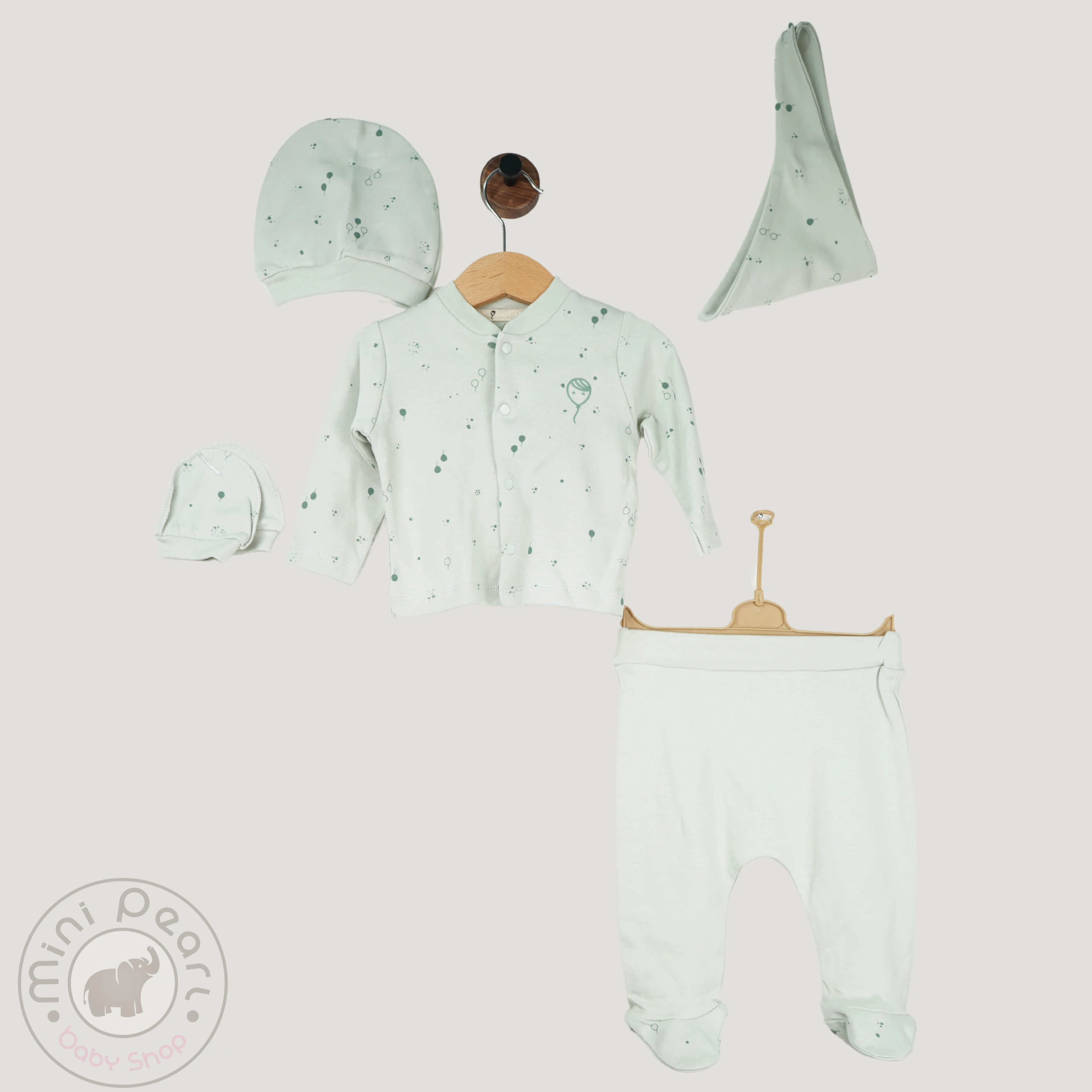 5-teiliges Babyset – Druckknopf-Jäckchen, Hose mit Füßen, Mütze, Halstuch & Handschuhe