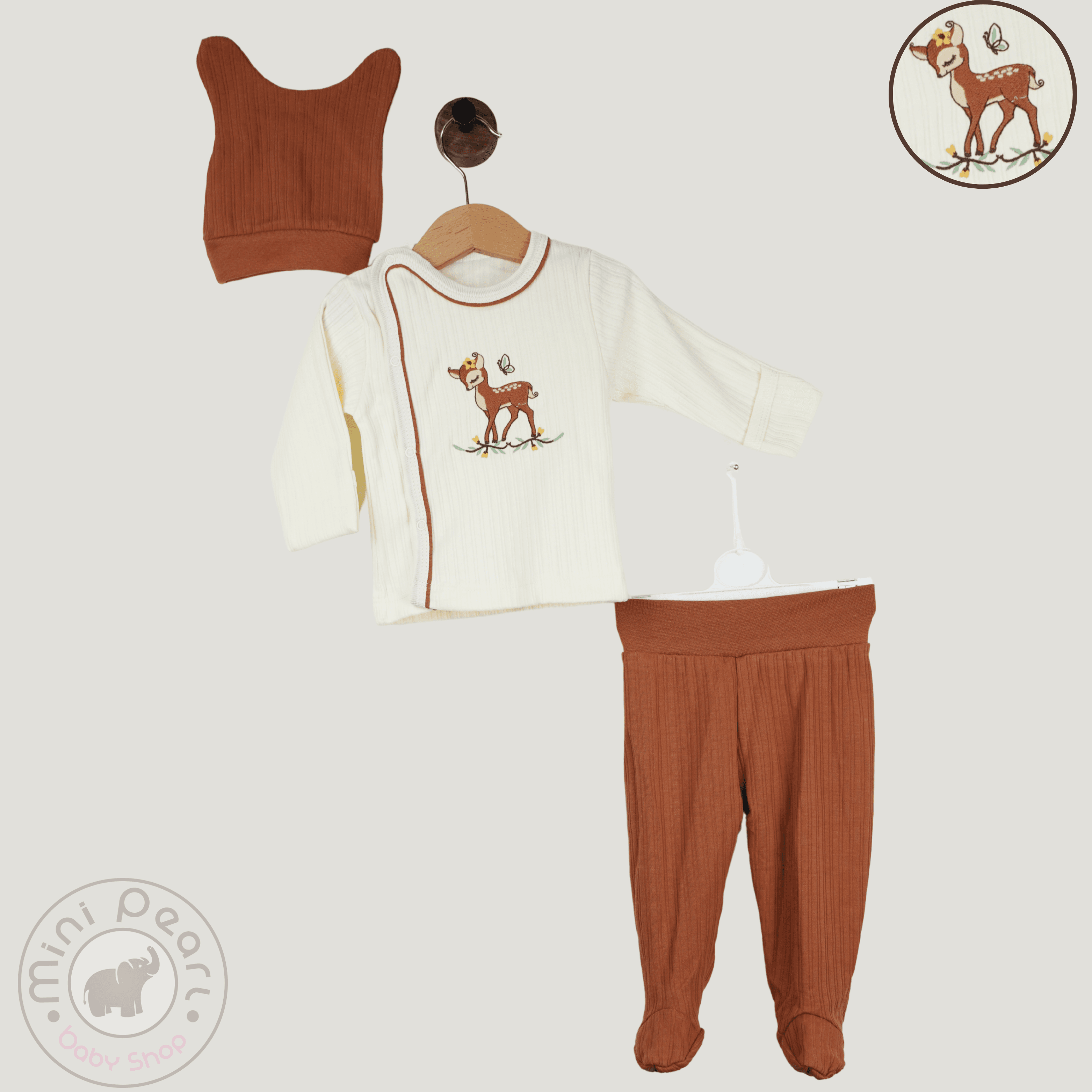 Baby 3er Set – Rehkitz-Stickerei – Creme-Braun