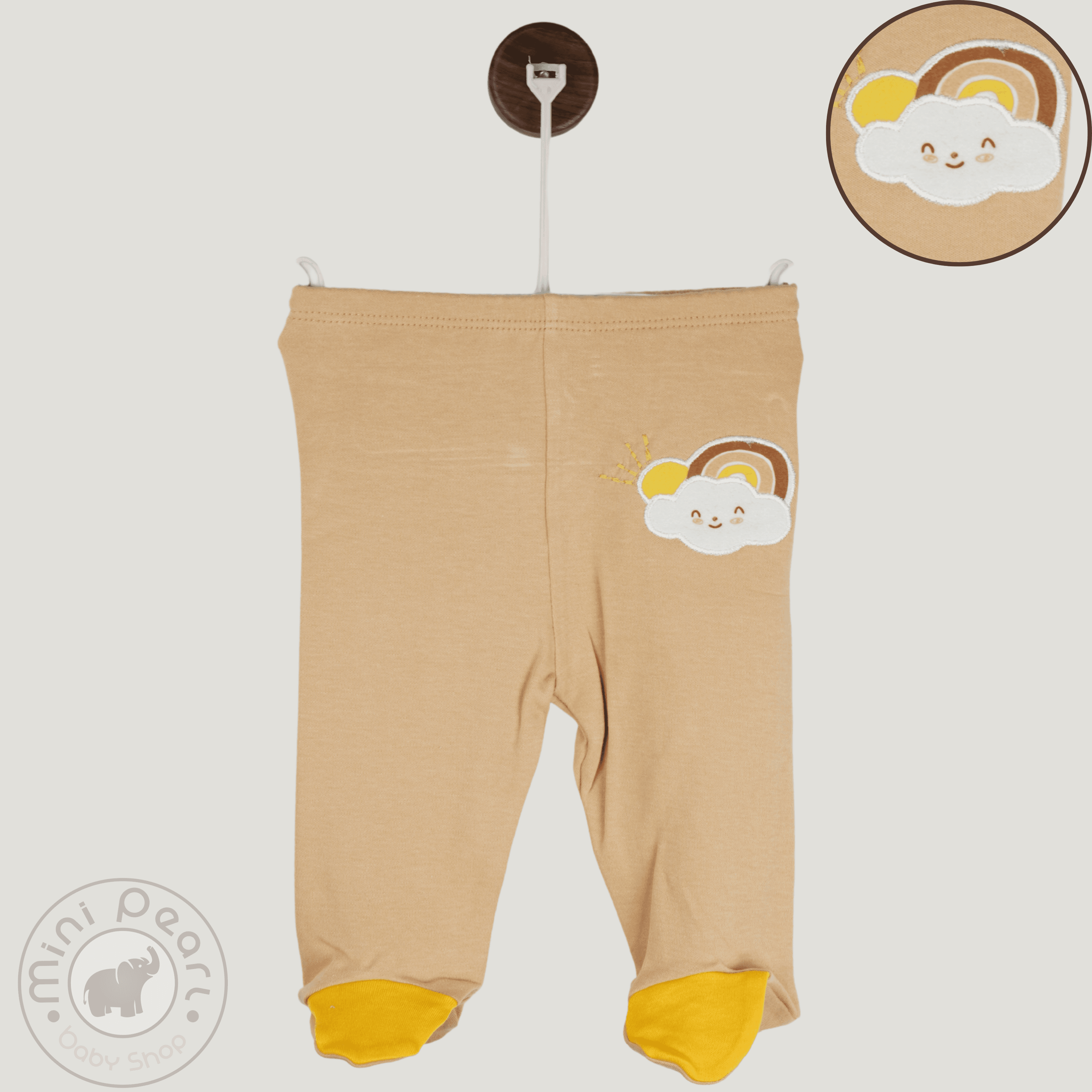 Babyhose mit Fuß – Wolke & Regenbogen Applikation – Beige-Gelb