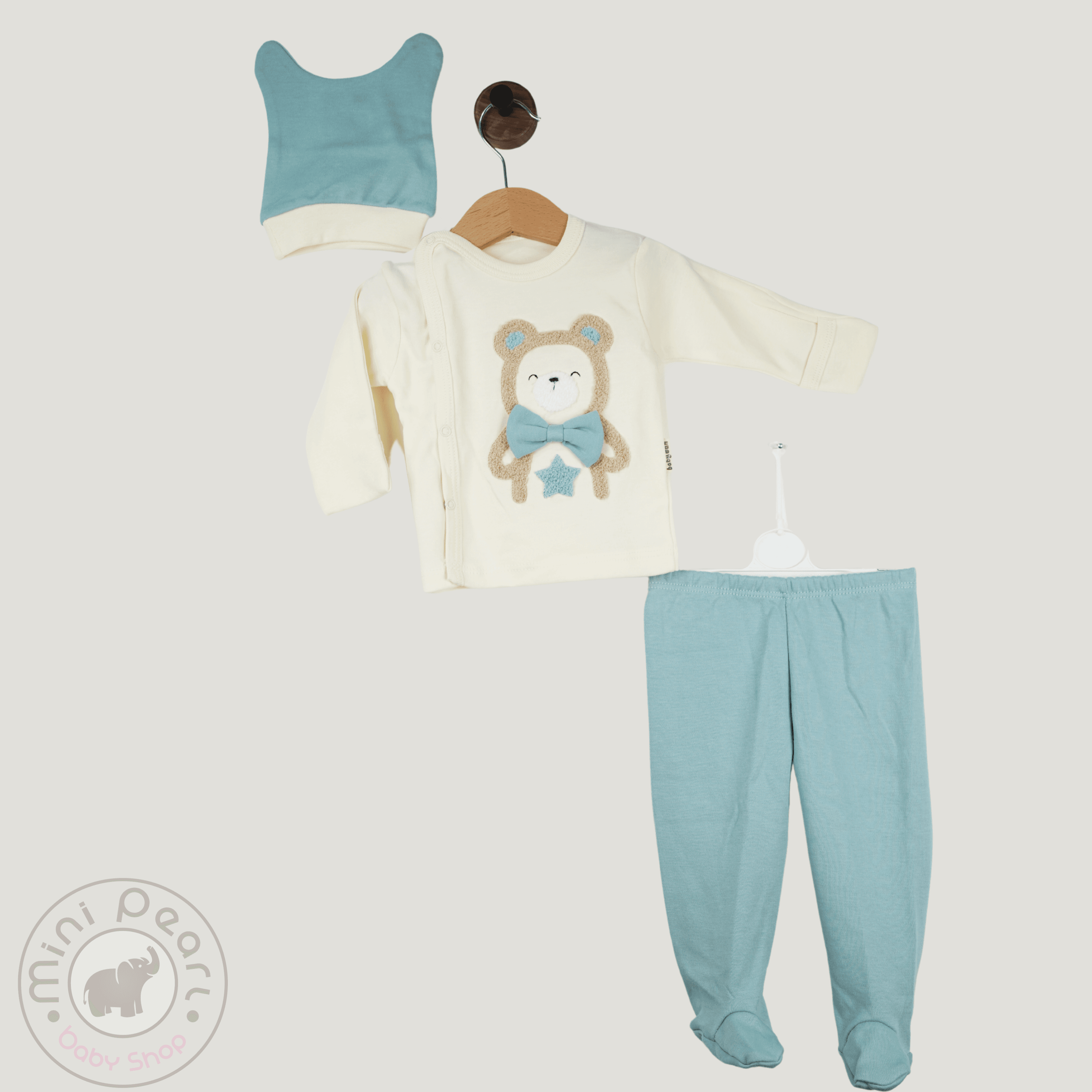 Baby 3er Set – Bärchen Applikation – Langarm Shirt, Hose & Mütze