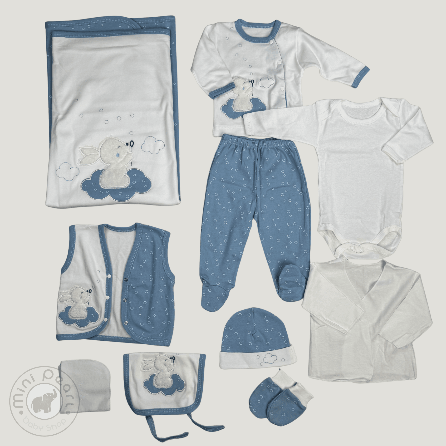 10-teiliges Babyset mit Hasenmotiv – Blau