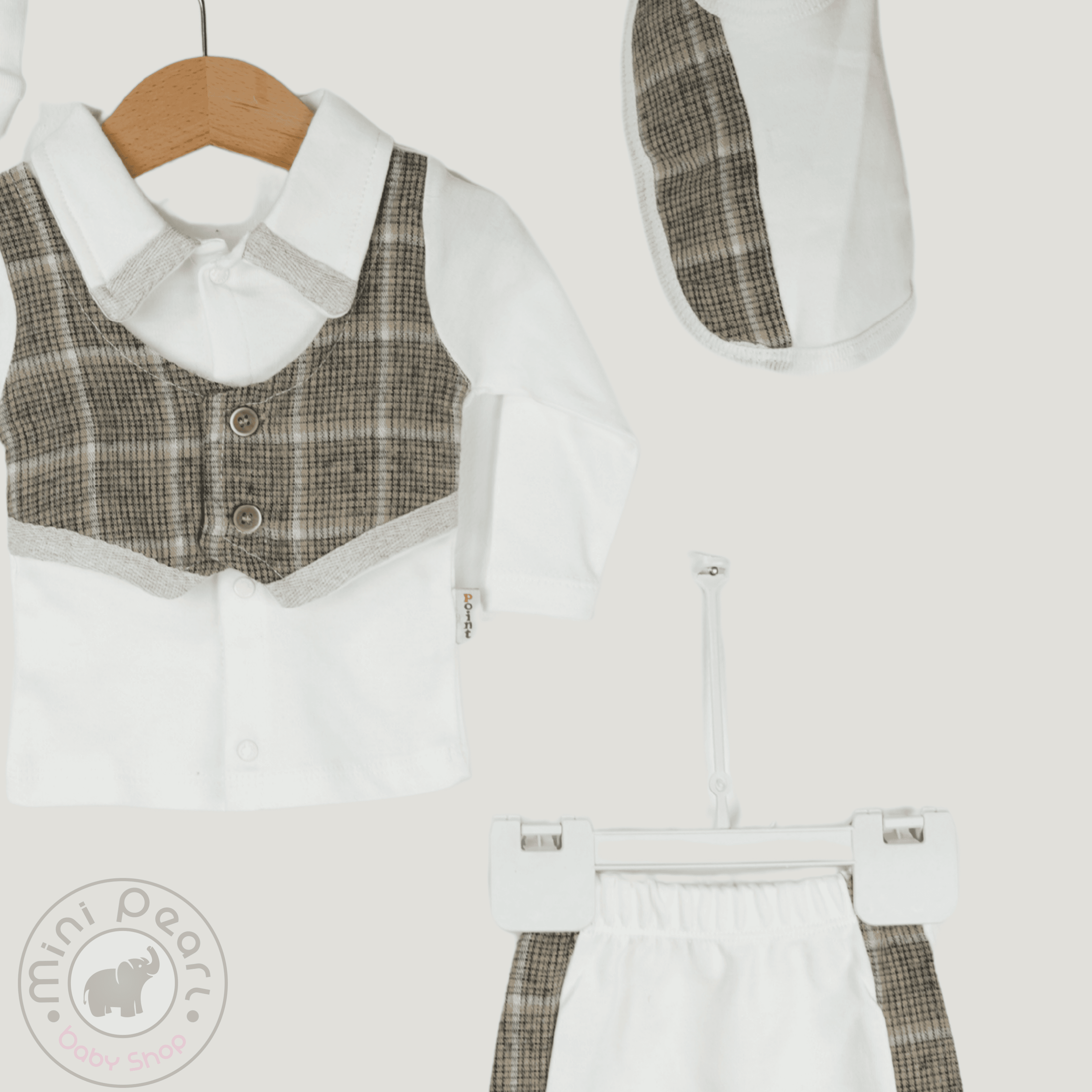 Baby 5er Set – Weste-Optik Oberteil mit Hose, Mütze, Lätzchen & Handschuh