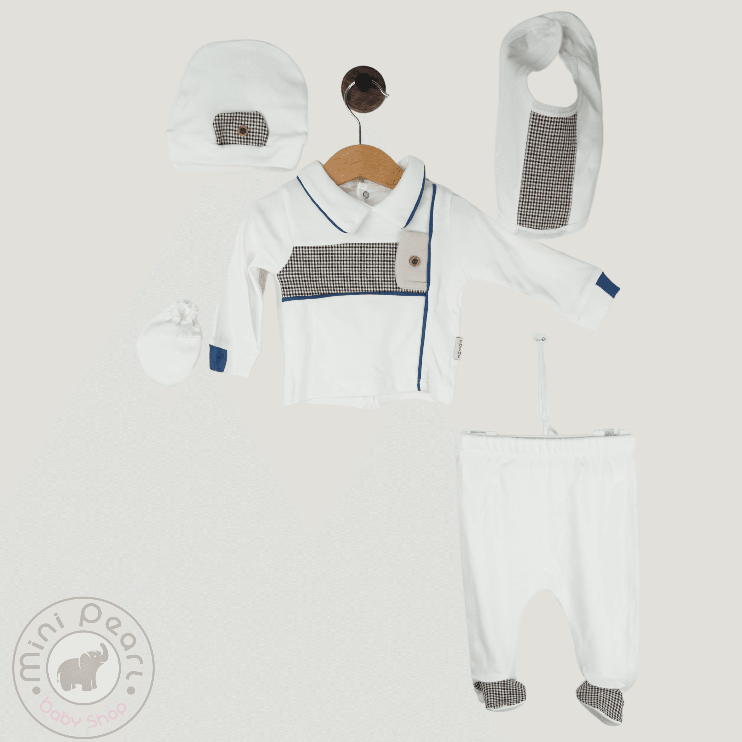 Baby 5er Set – Polo-Stil Oberteil mit Hose, Mütze, Lätzchen & Handschuh