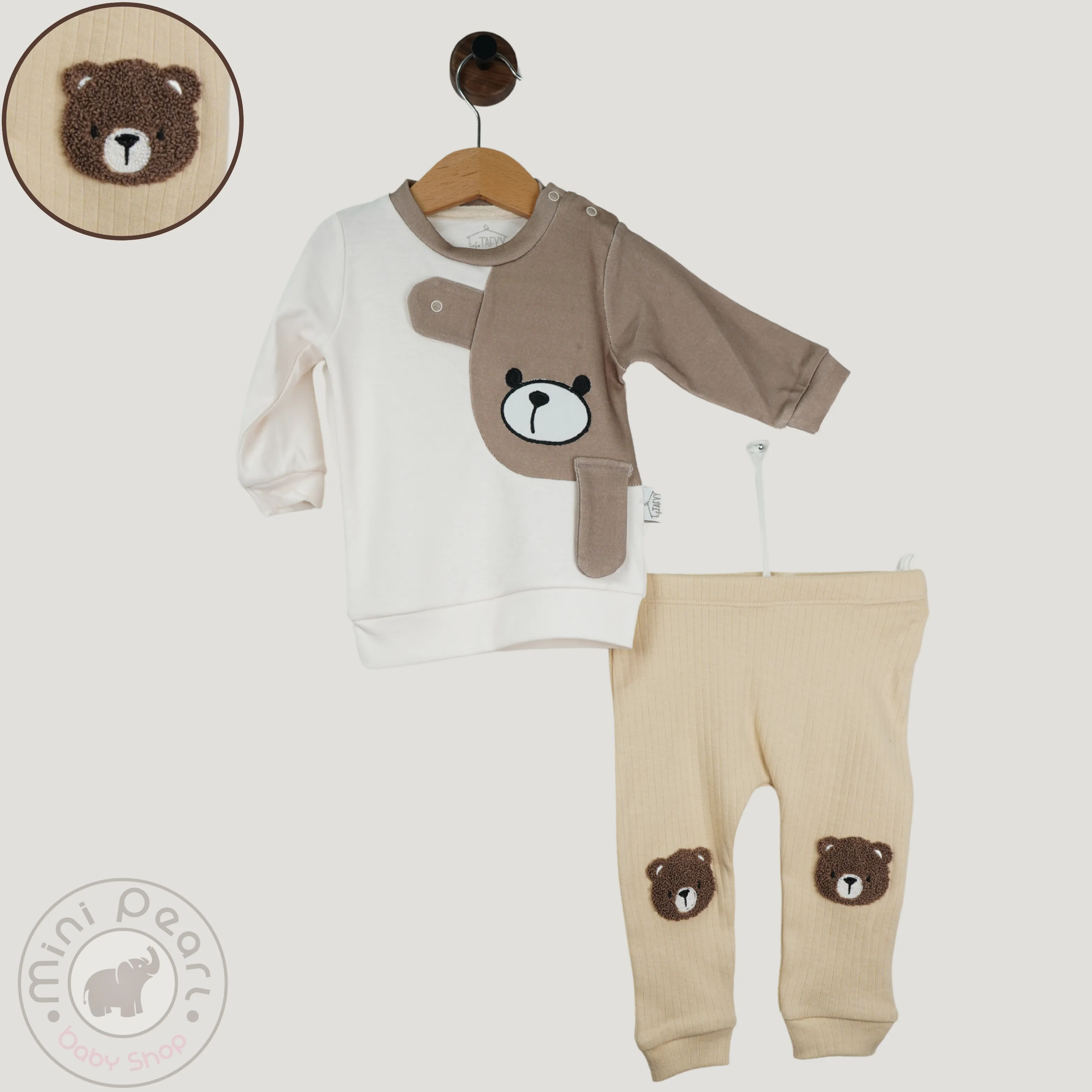 Baby Set – Langarmshirt mit Bärenmotiv & Hose – Zweiteilig – Beige-Braun