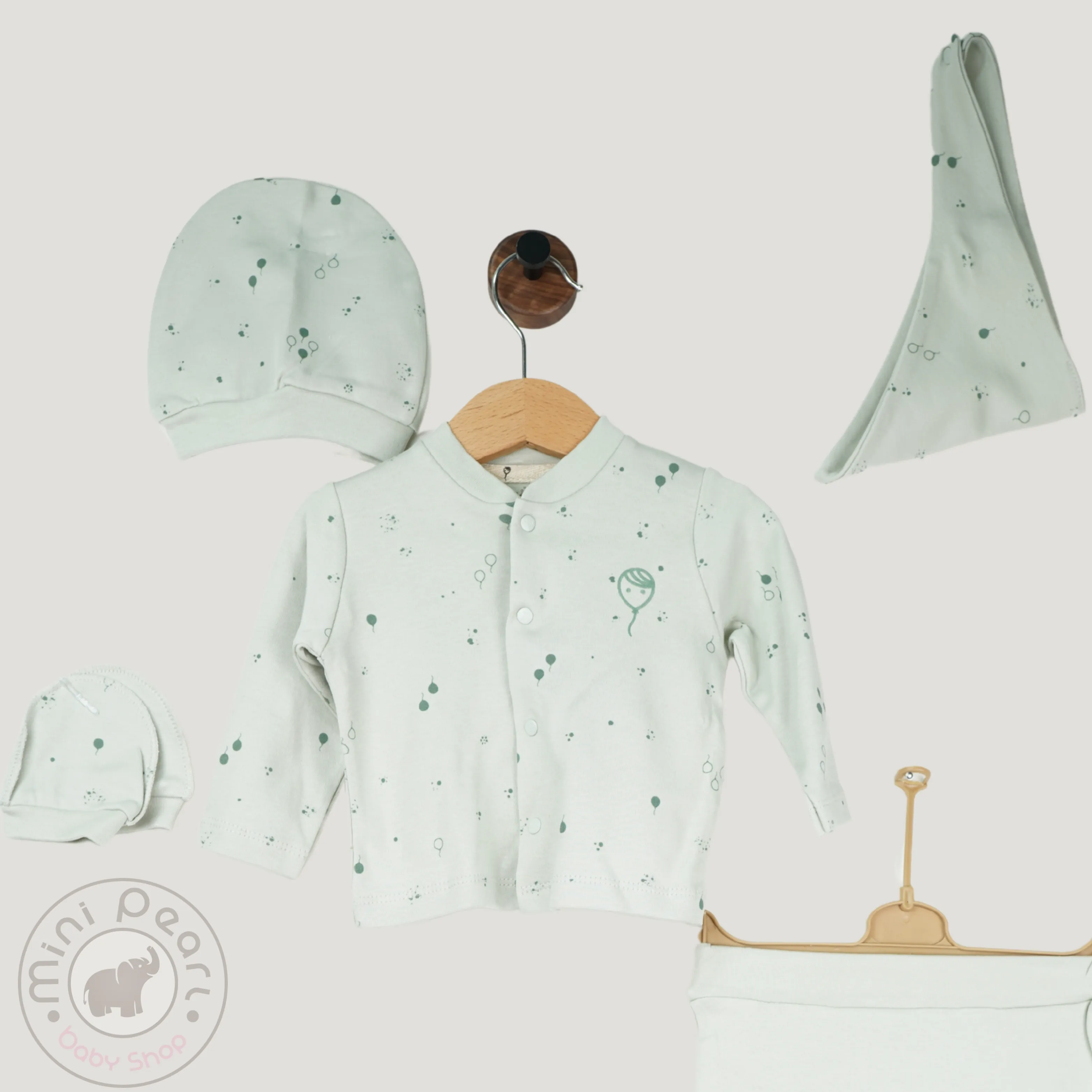 5-teiliges Babyset – Druckknopf-Jäckchen, Hose mit Füßen, Mütze, Halstuch & Handschuhe