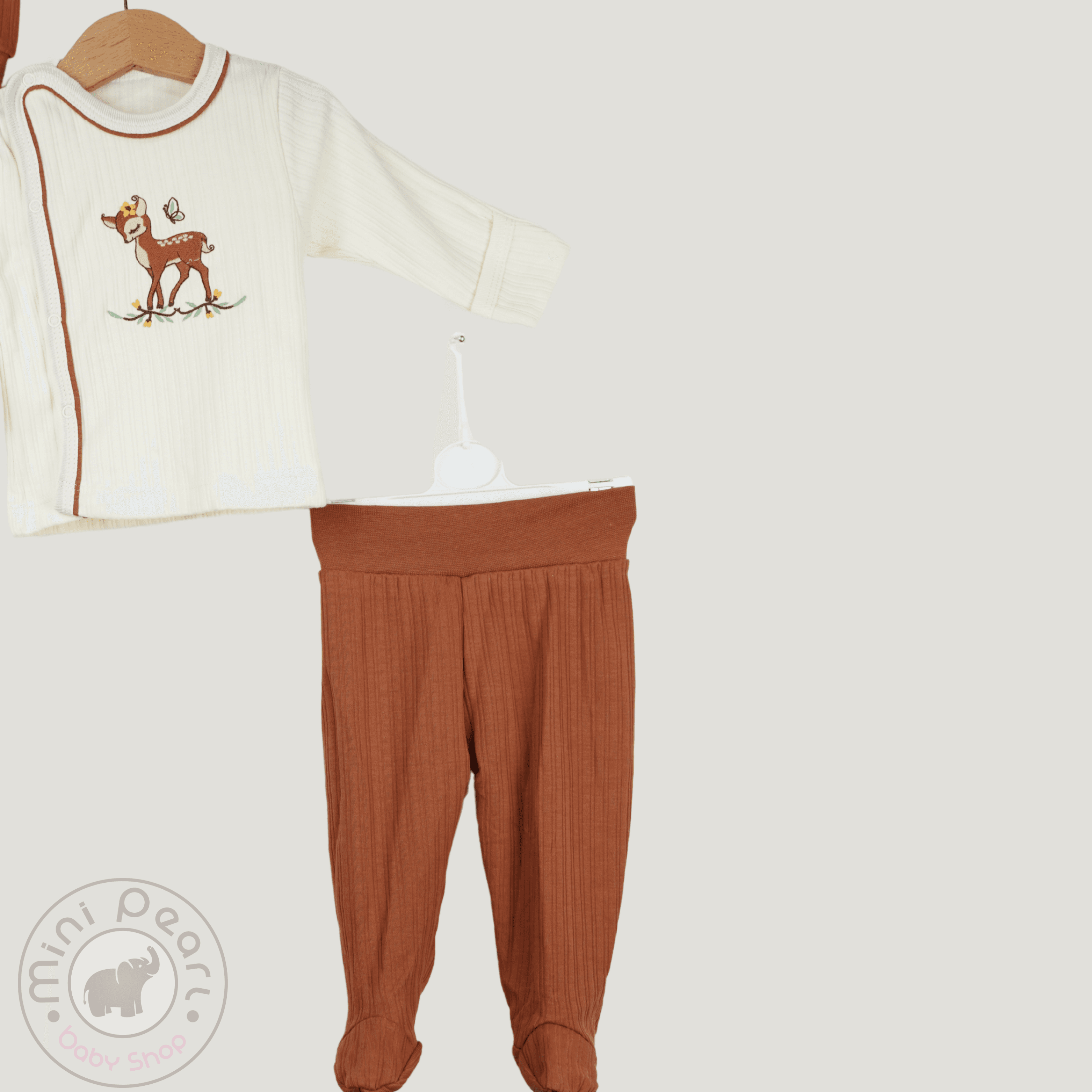 Baby 3er Set – Rehkitz-Stickerei – Creme-Braun