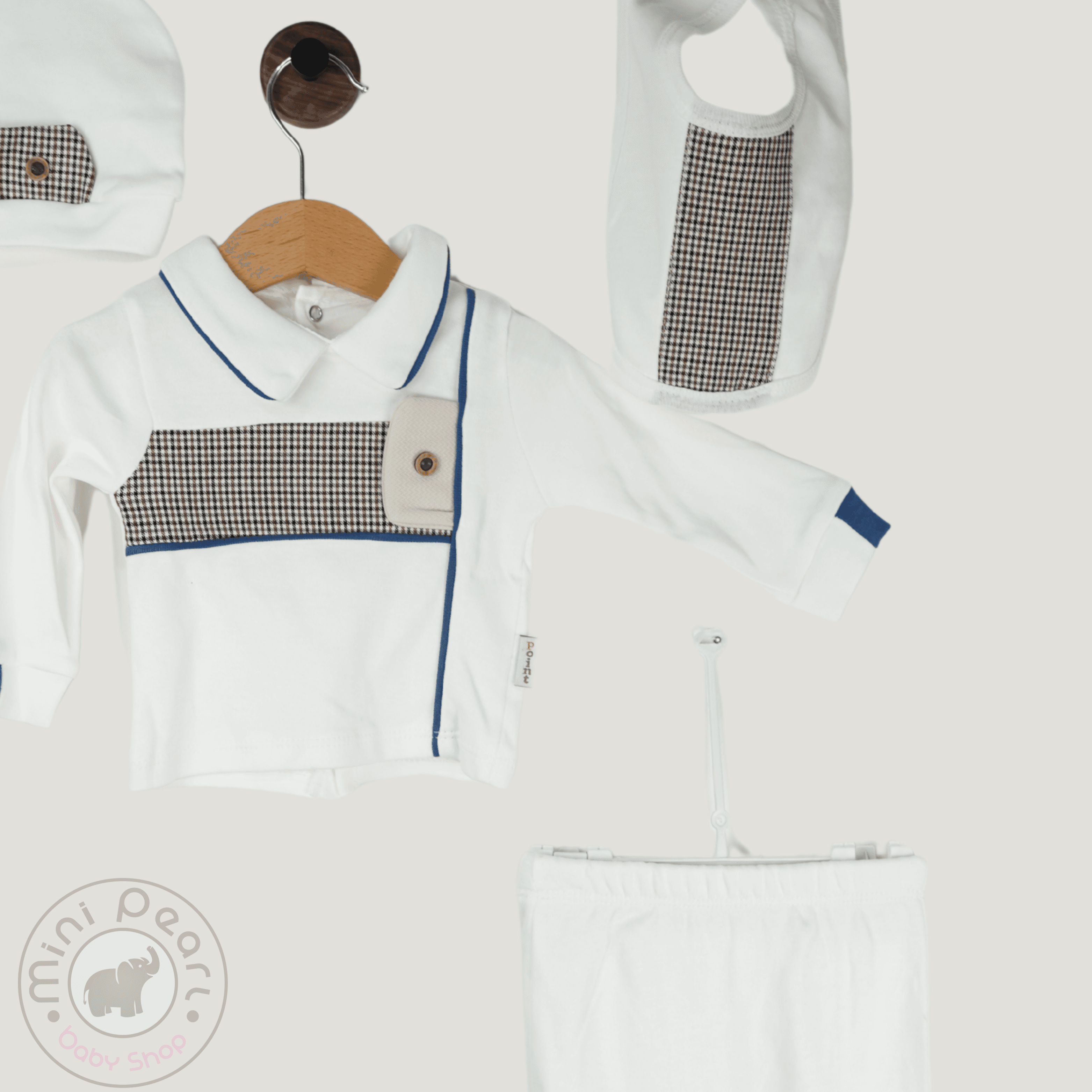 Baby 5er Set – Polo-Stil Oberteil mit Hose, Mütze, Lätzchen & Handschuh