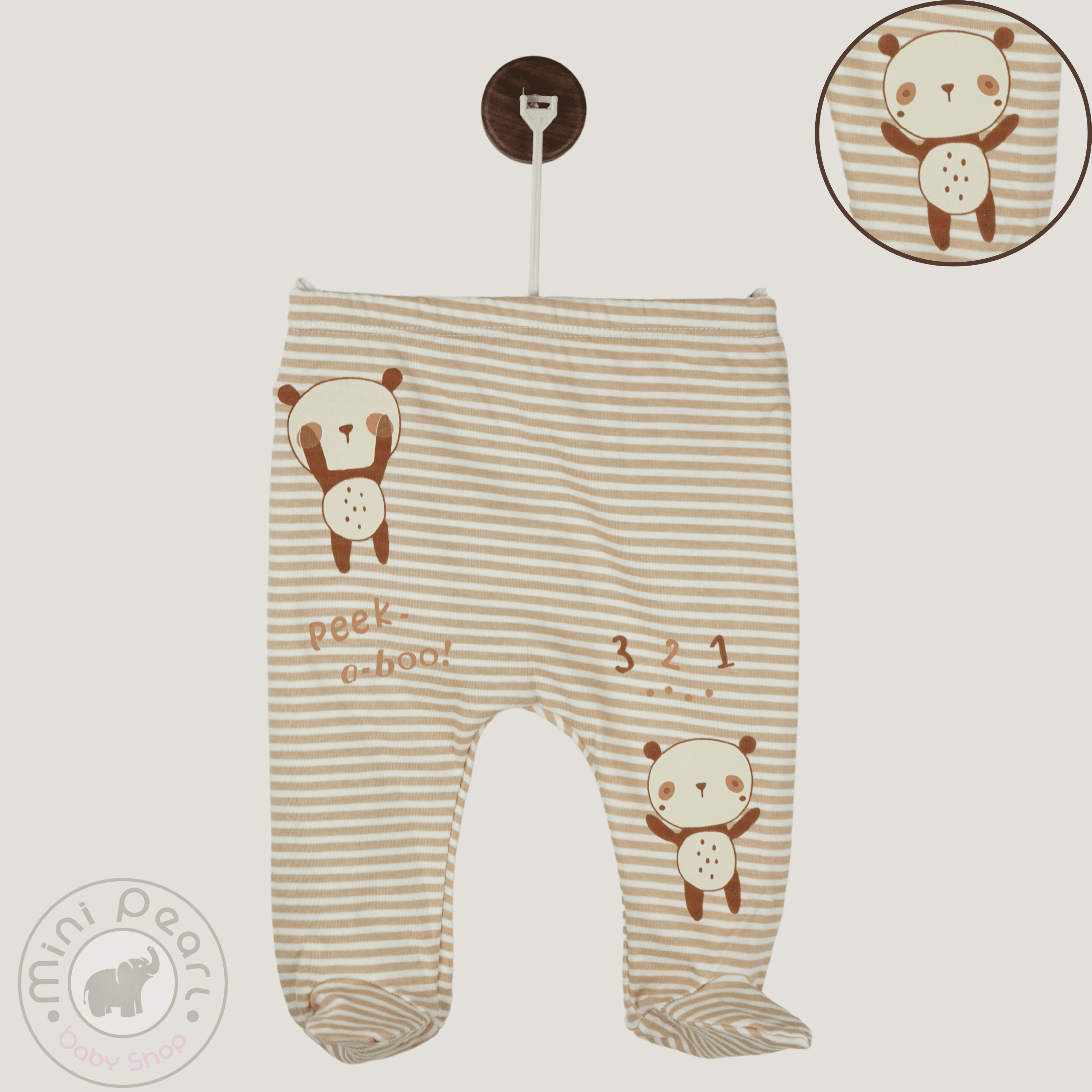 Babyhose – Fußbedeckt – Braun-Beige Gestreift – Panda-Motiv