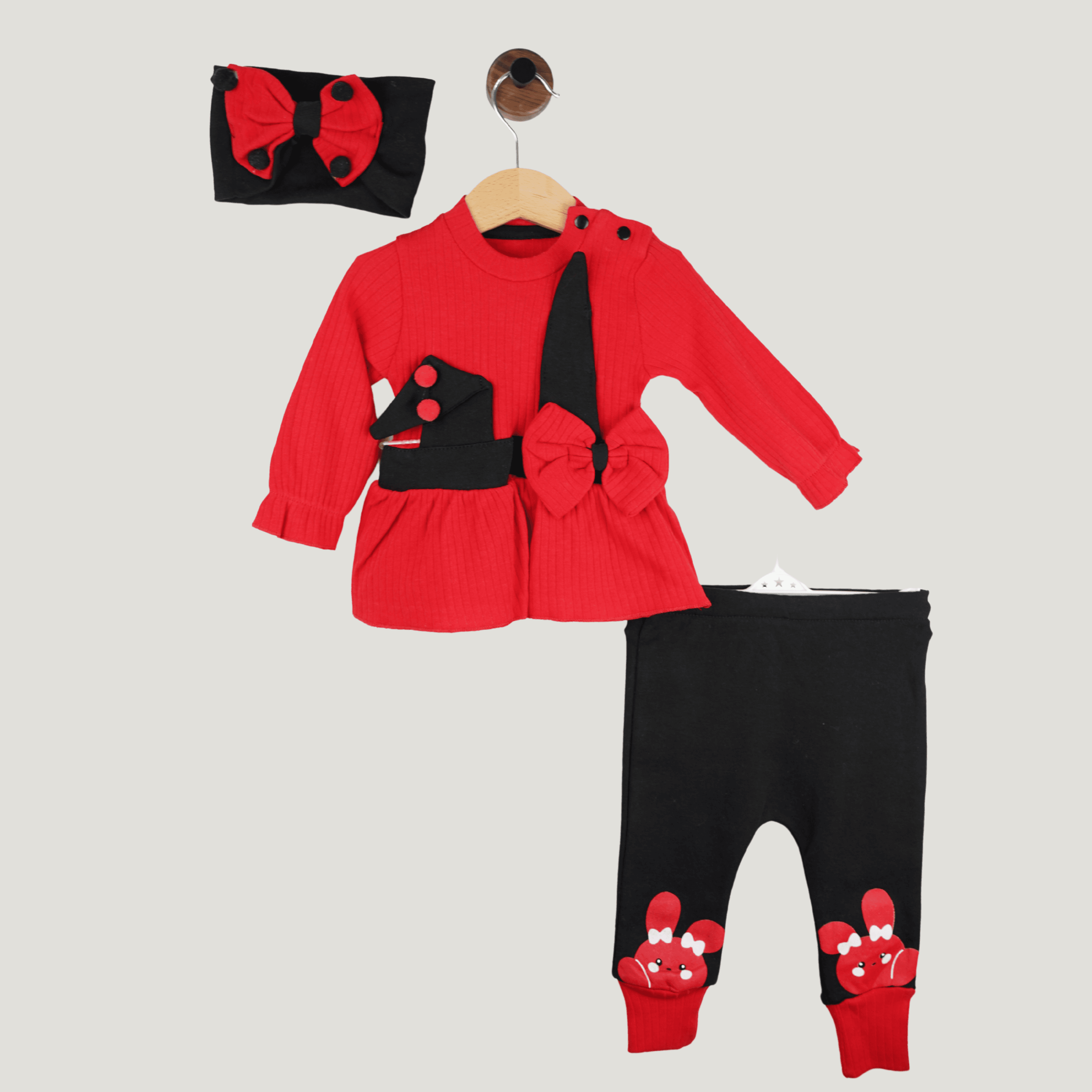Baby Set – Rotes Langarmshirt mit Schleife & Schwarze Hose mit Häschen-Motiv