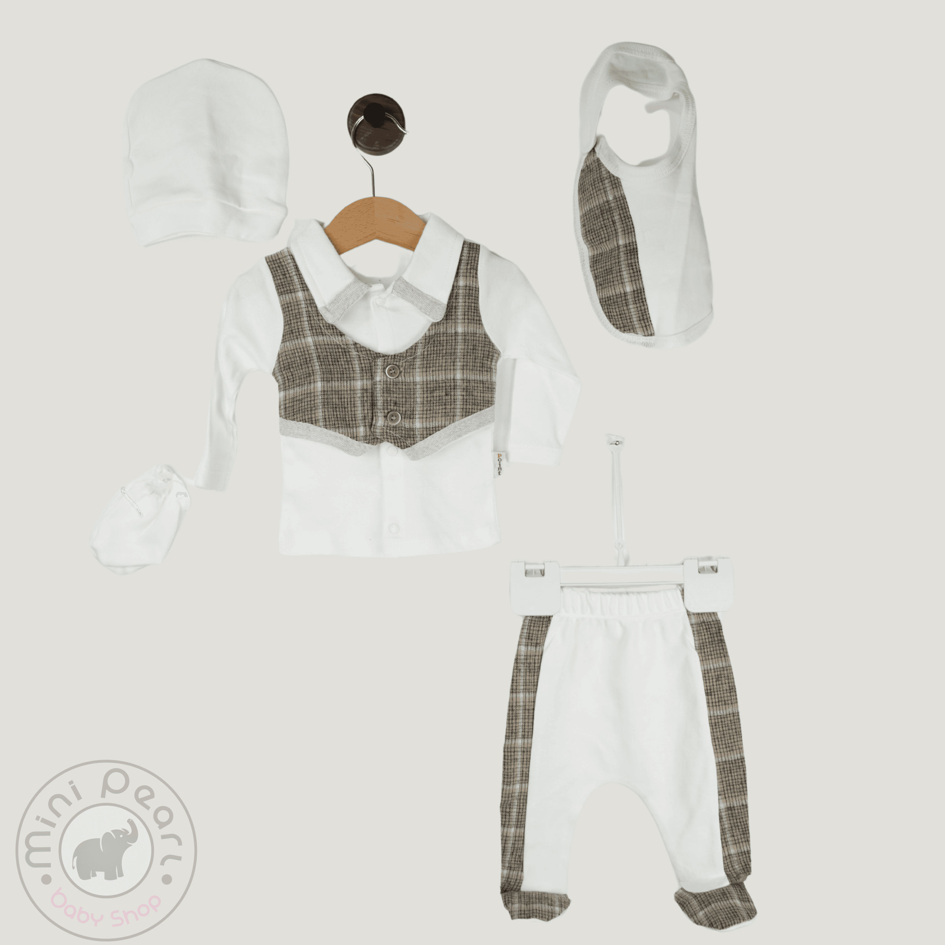 Baby 5er Set – Weste-Optik Oberteil mit Hose, Mütze, Lätzchen & Handschuh