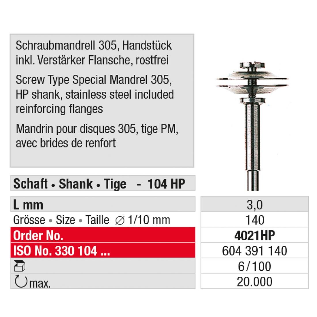 EDENTA | Mandrin pour disques 305 4021HP