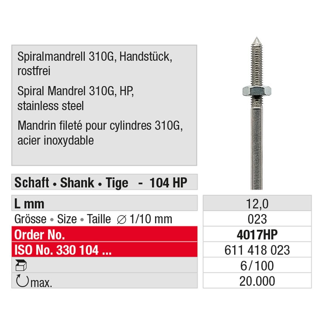 EDENTA | Mandrin fileté pour cylindres 310G 4017HP