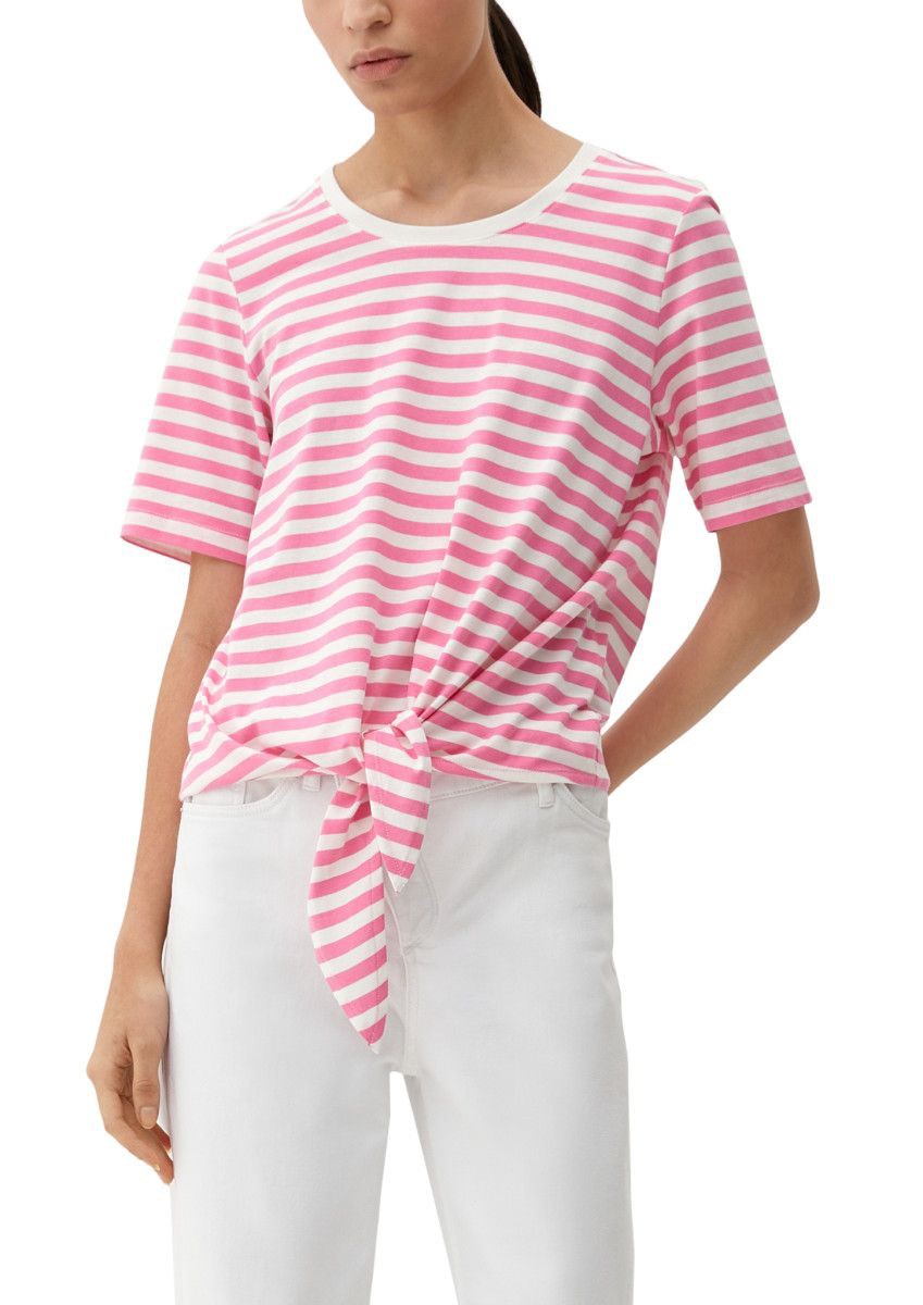 Kurzarm Streifenshirt mit Knoten - Pink und Weiß