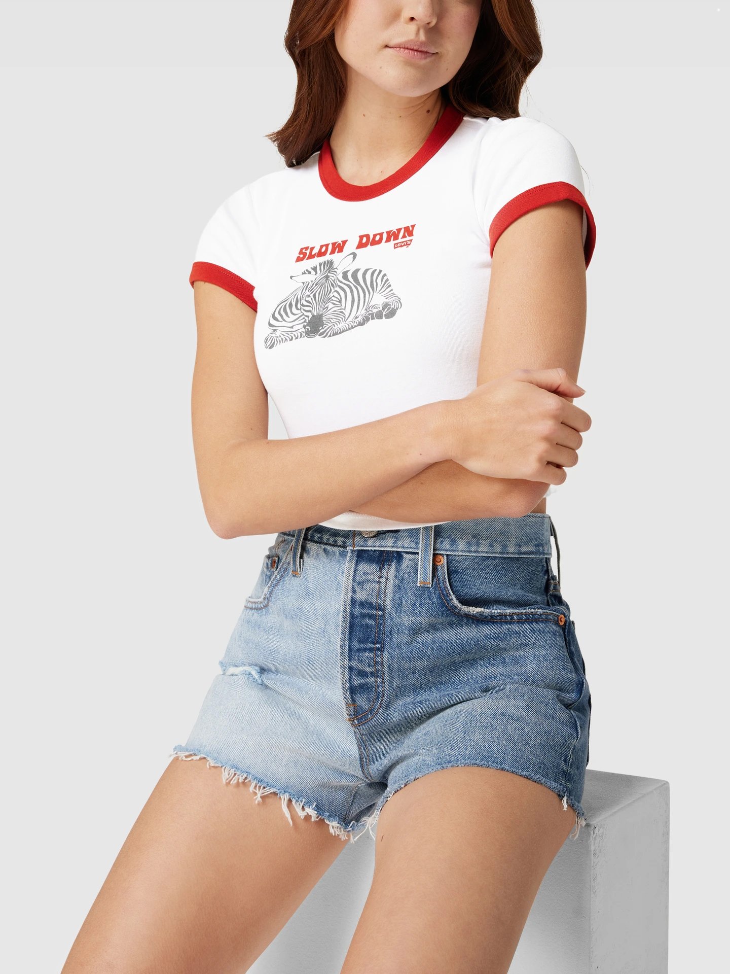 T-Shirt mit Label- und Motiv Print Weiß-Rot