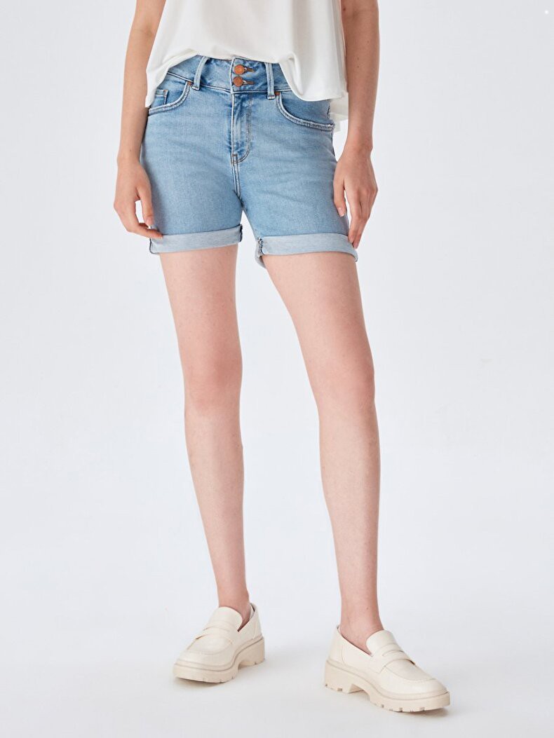 Jeans Shorts mit Gefalteten Enden Hell Blau