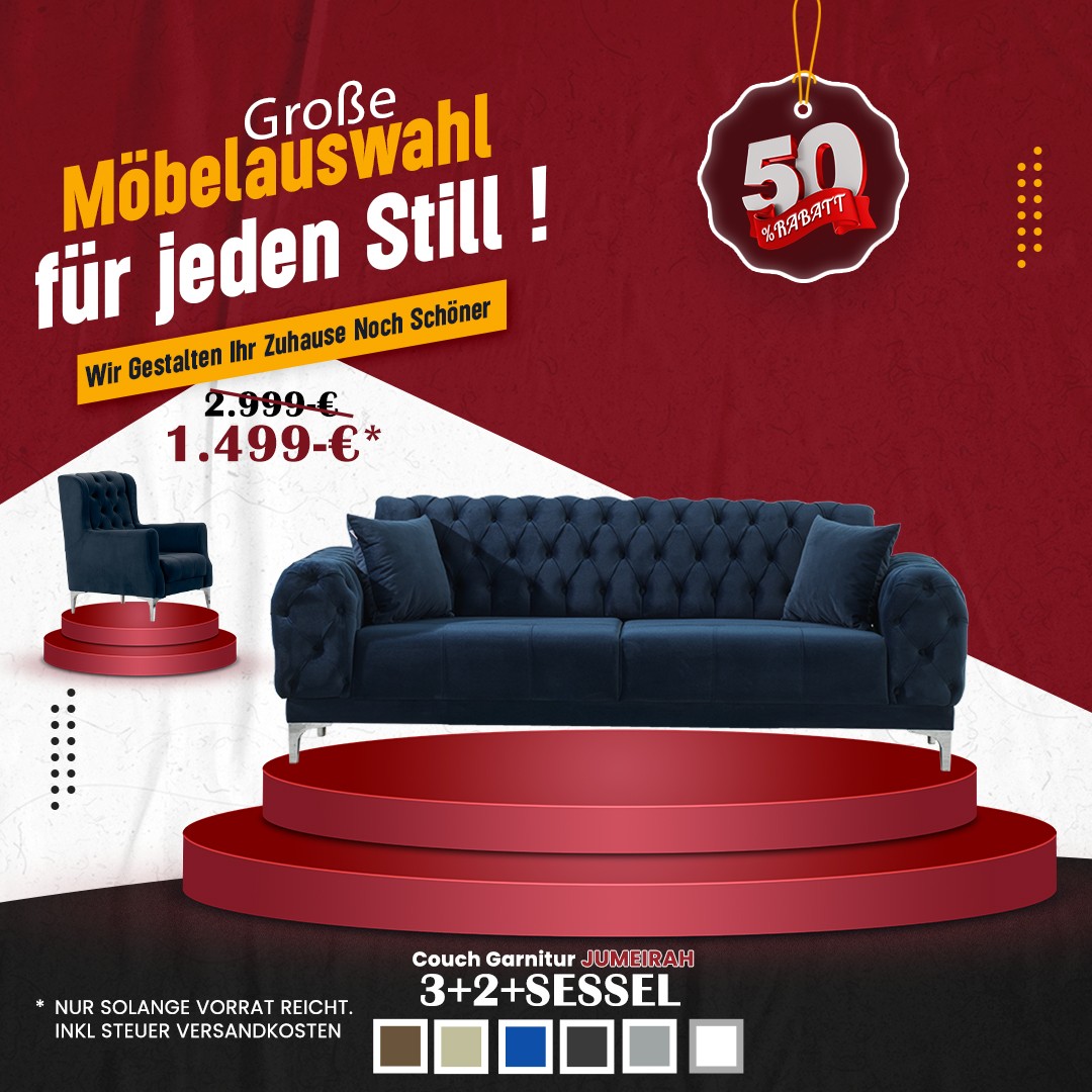 Couchgarnitur-Set Jumeirah, Polstergarnitur mit Knopfheftung in 5 versch. Farben