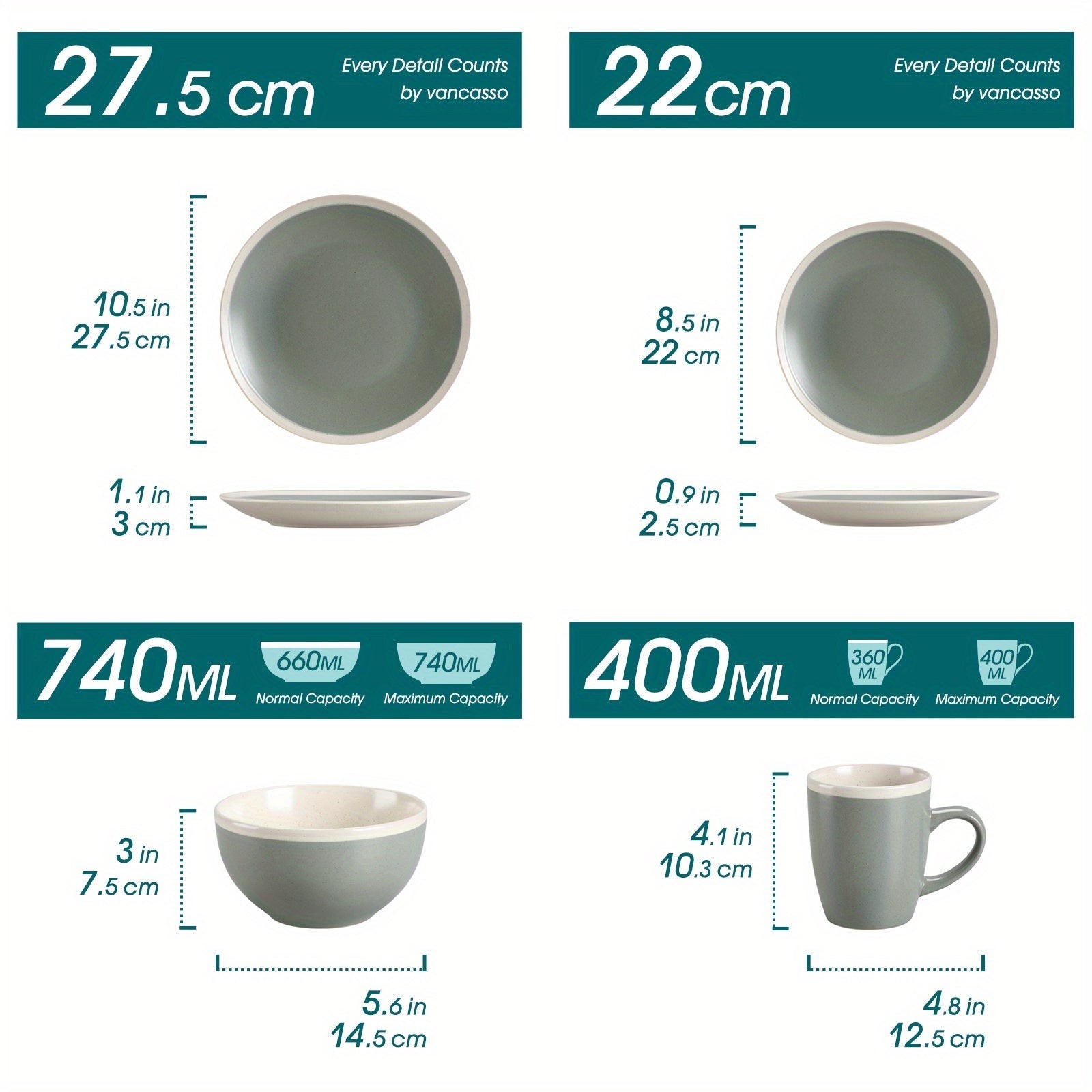 16-teiliges Tafelservice mit grüner matter Sesamglasur, bestehend aus Speiseteller, Dessertteller, Müslischale und Becher