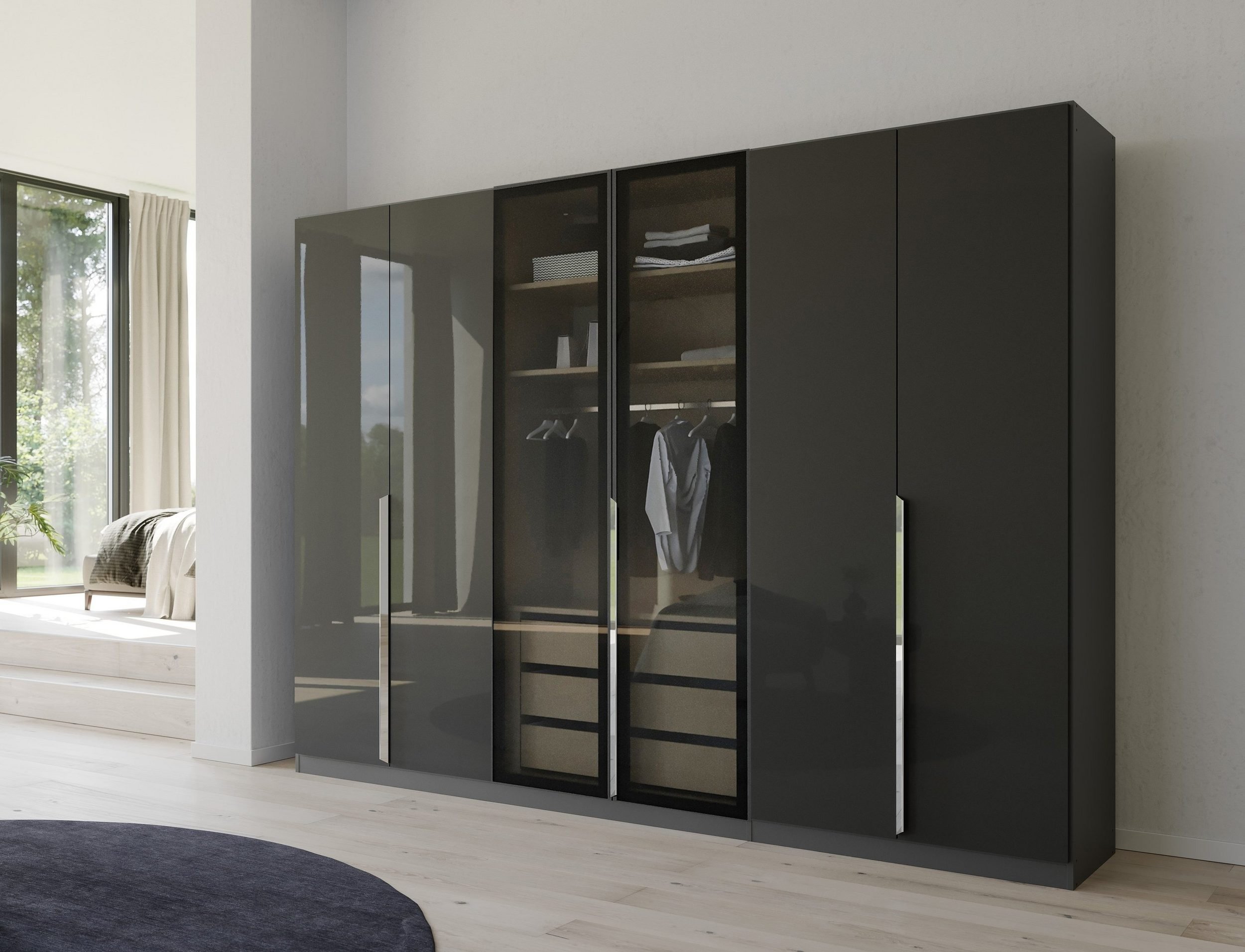 Kleiderschrank Casseria 300cm Glasrahmentüren in transparentem Grauglas