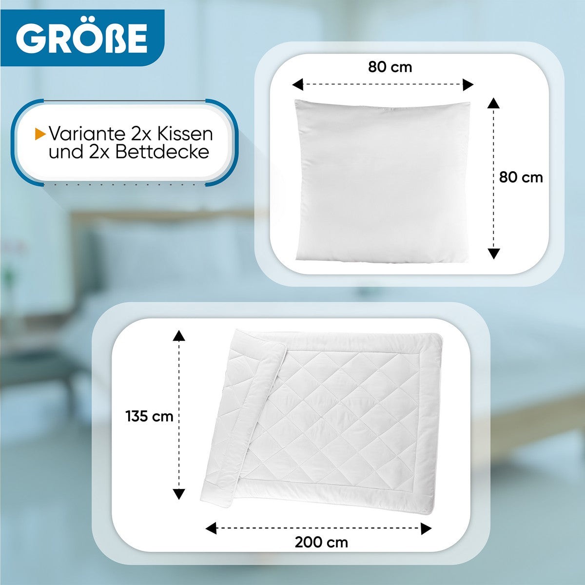 2 oder 4 teilige 2x Bettdecke 135x200, 2x Kopfkissen 80x80 Bettdecken Set