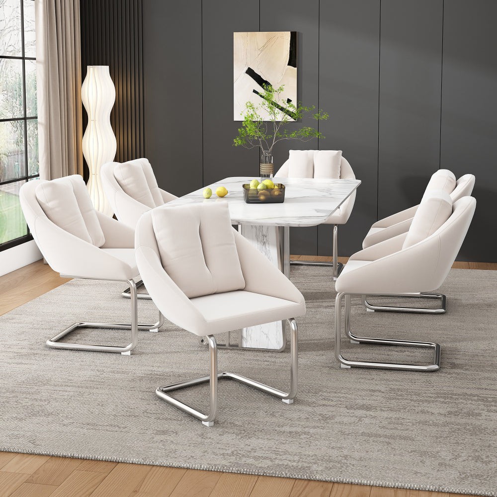 Esszimmerstuhl aus Samt, 6er-Set mit Kissen, gewölbte Stützbeine, Beige