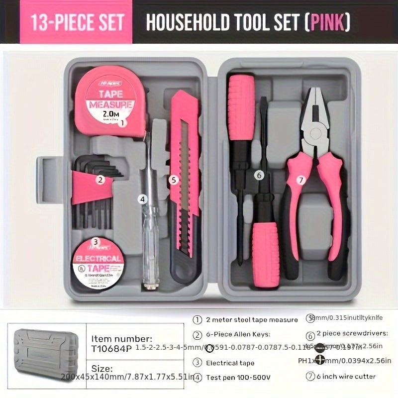 13-teiliges rosa Heimwerker-Werkzeugset aus Kohlenstoffstahl