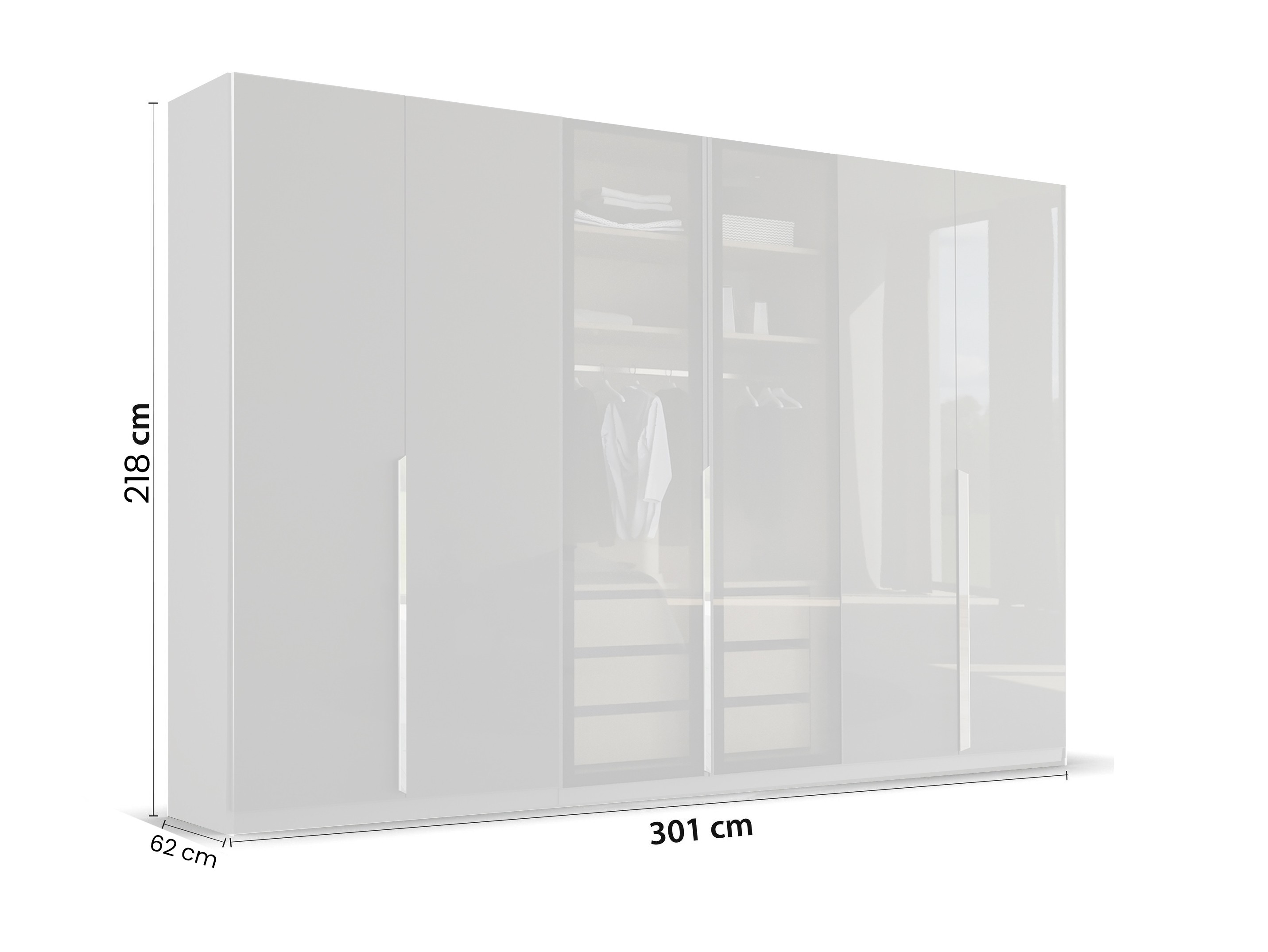 Kleiderschrank Casseria 300cm Glasrahmentüren in transparentem Grauglas