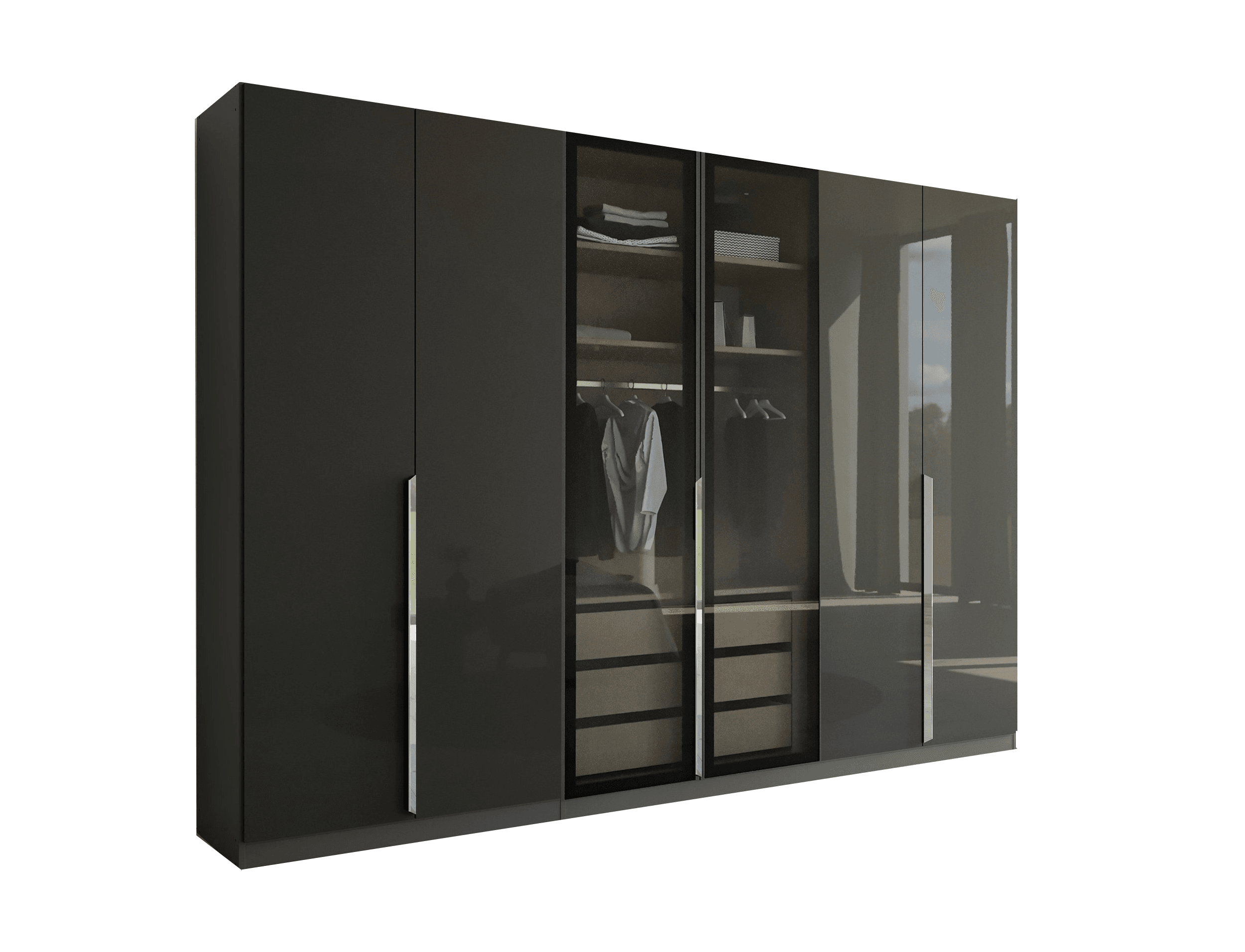 Kleiderschrank Casseria 300cm Glasrahmentüren in transparentem Grauglas