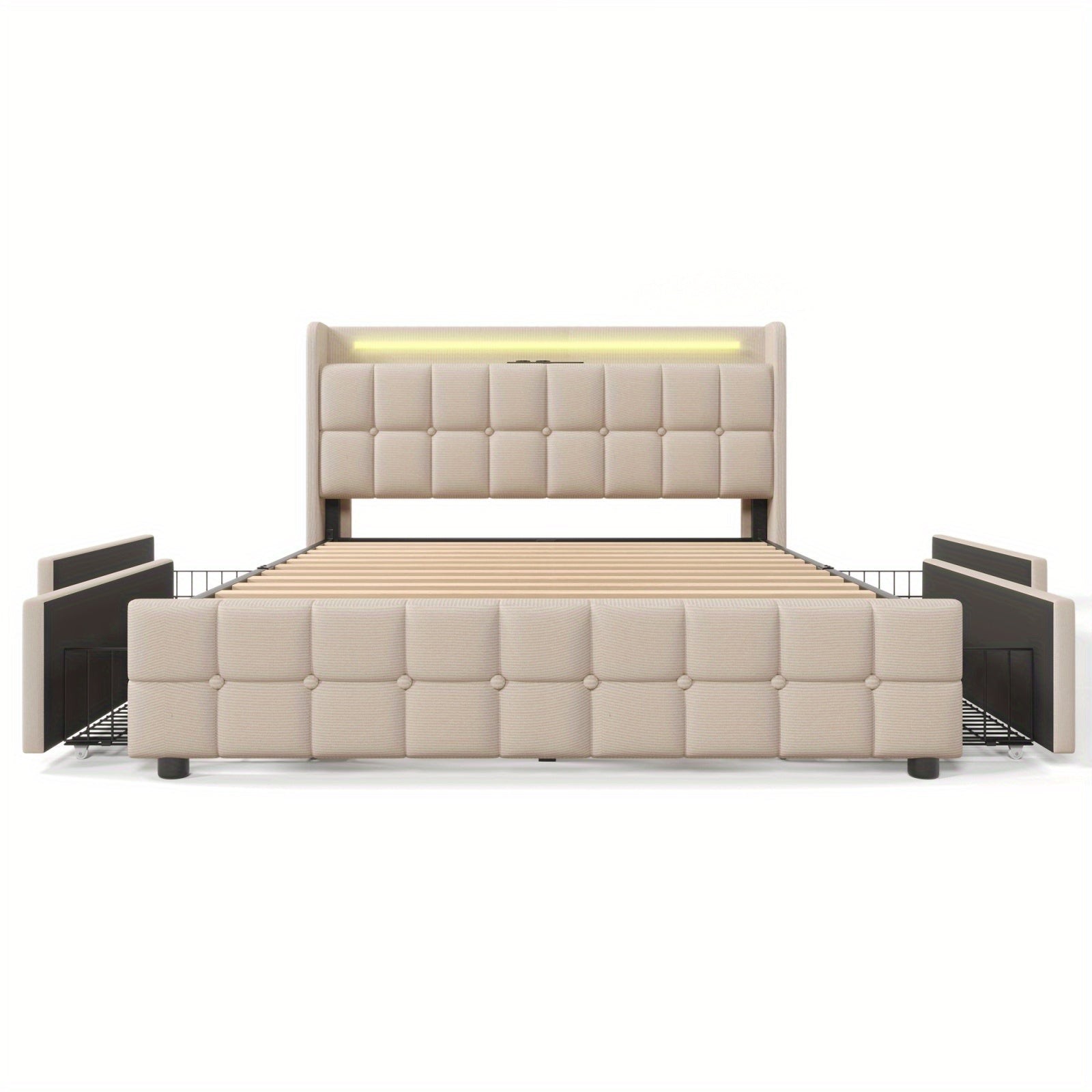 Bettgestell mit Lattenrost, 2 Personen Bett, Matratze mit Latte, 4 Schubladen, Plattformbettgestell, Bettbox für Erwachsene, Jugendliche, Beige (ohne Matratze)