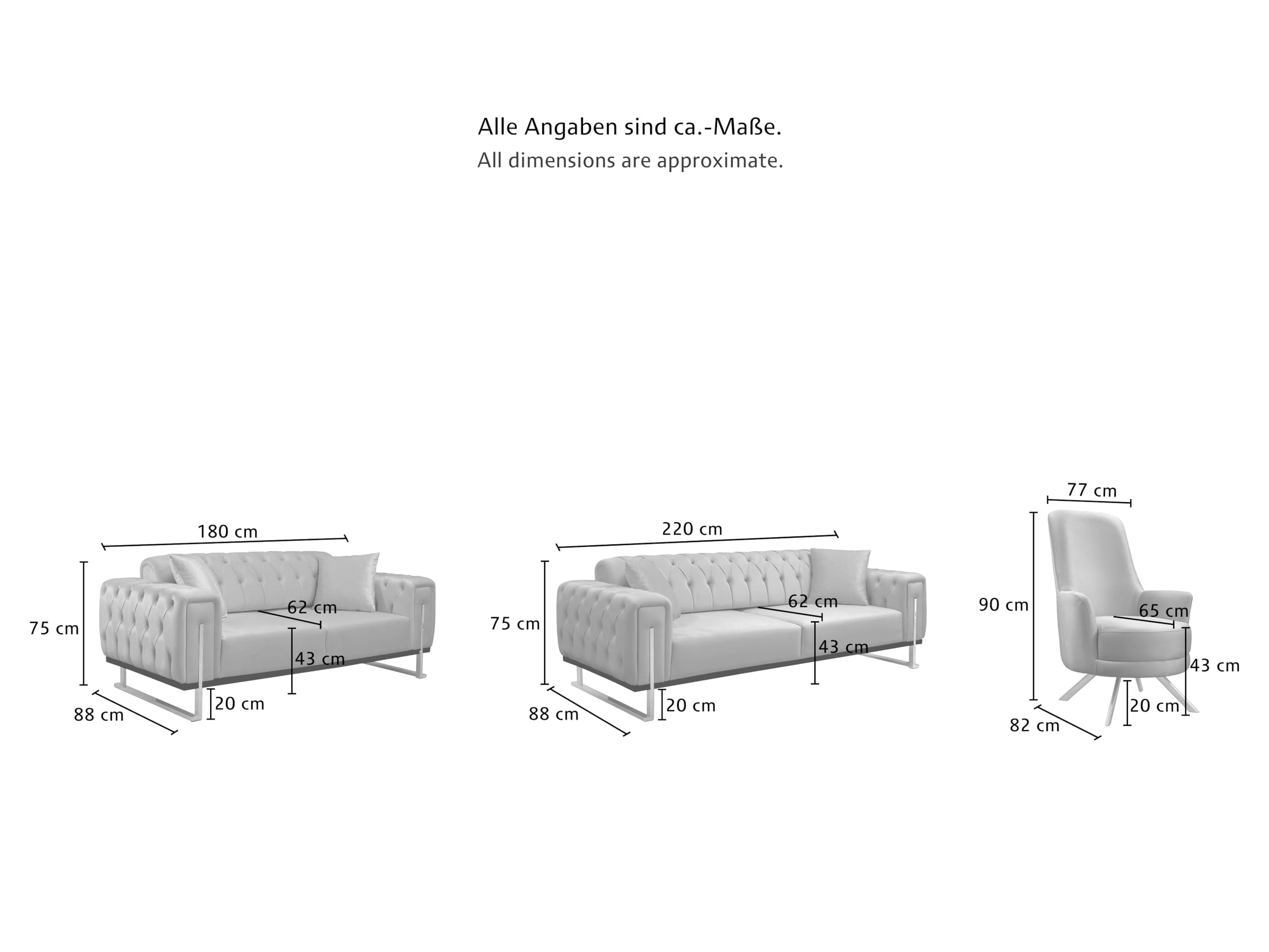 Bienne Furniture Couchgarnitur Harmonie 3-Sitzer+2-Sitzer+Sessel (Schwarz Farben, Grau)