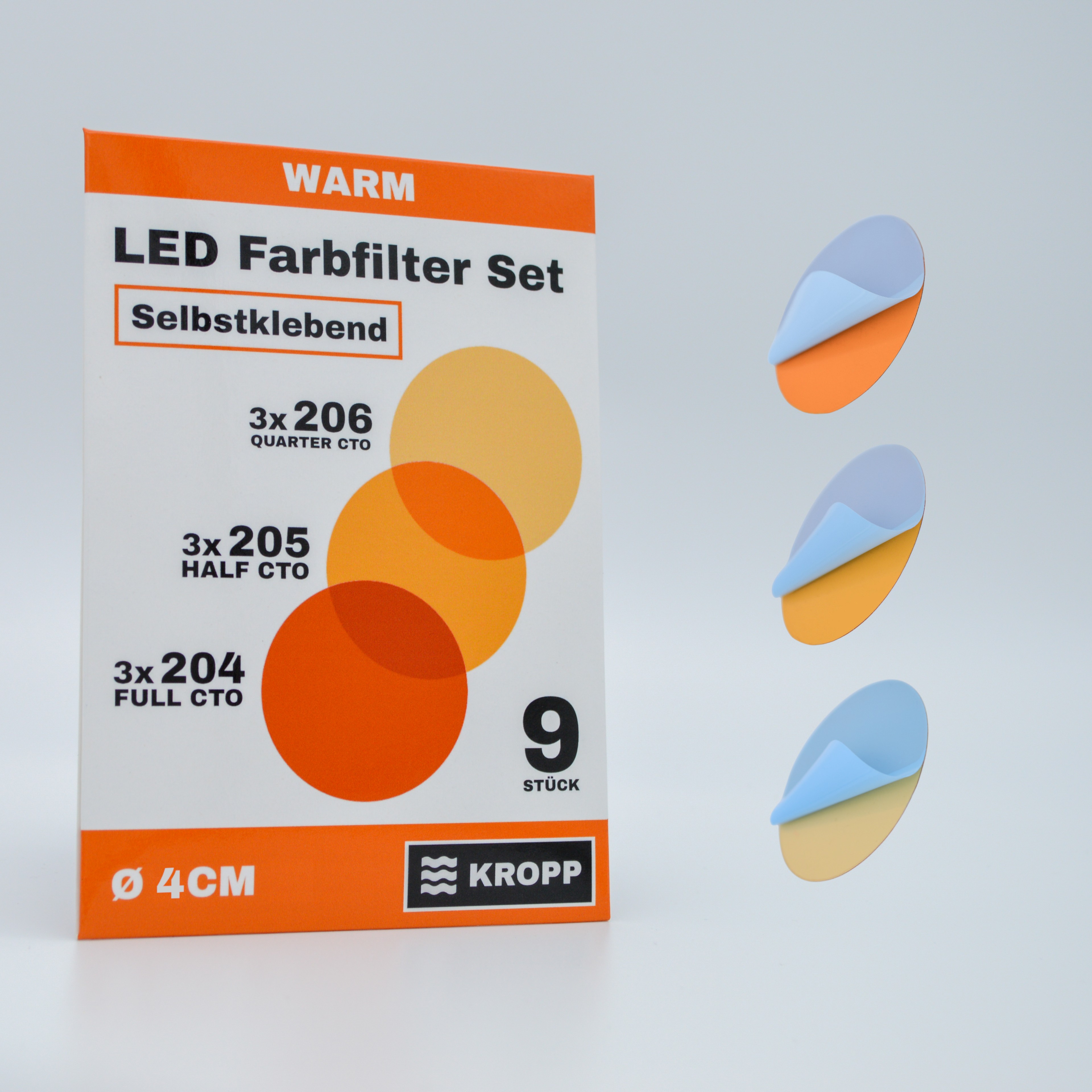 Selbstklebende Farbfolien für LED Lampen, ⌀4 CM Kreiszuschnitt, Warmweiß Farbfilter zur Farbkorrektur, Tageslicht zu Glühlicht, Filterset mit 9 Stück